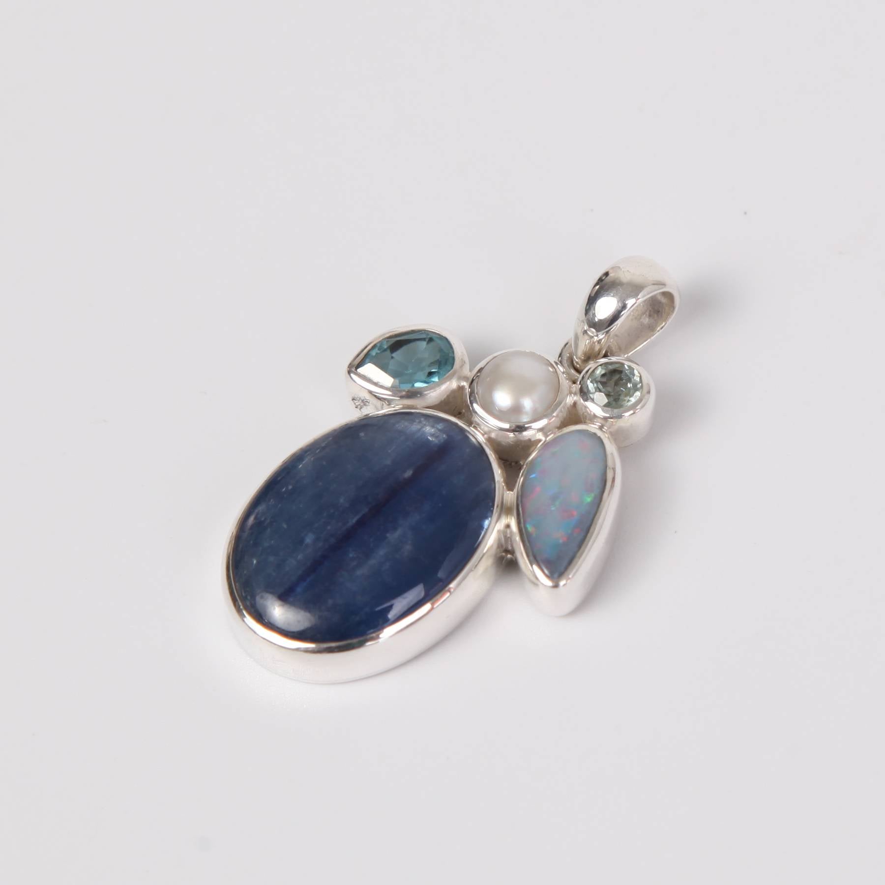 Kyanite Sterling Silver Pendant with Australian Opal, Aquamarine, Blue Topaz and Fresh Water Pearl