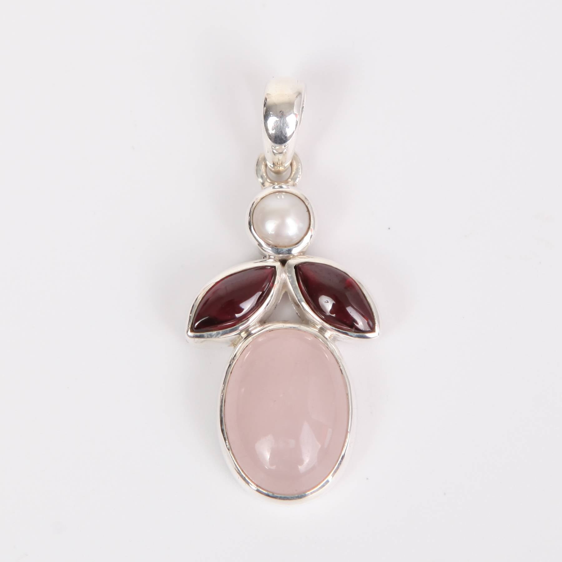 Rose Quartz Sterling Silver Pendant with Garnet and Fresh Water Pearl