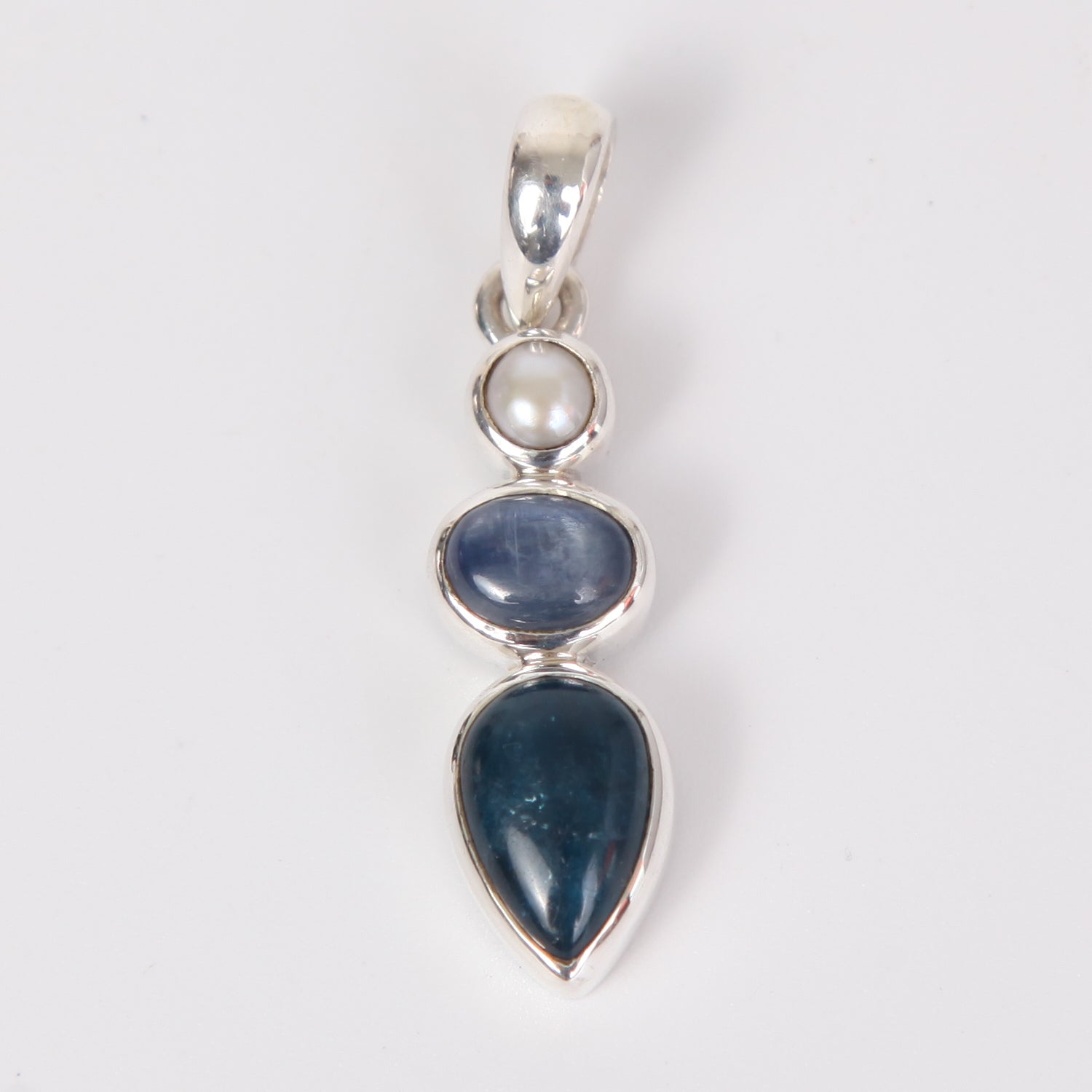 Blue Apatite Sterling Silver Pendant with Kyanite and Fresh Water Pearl