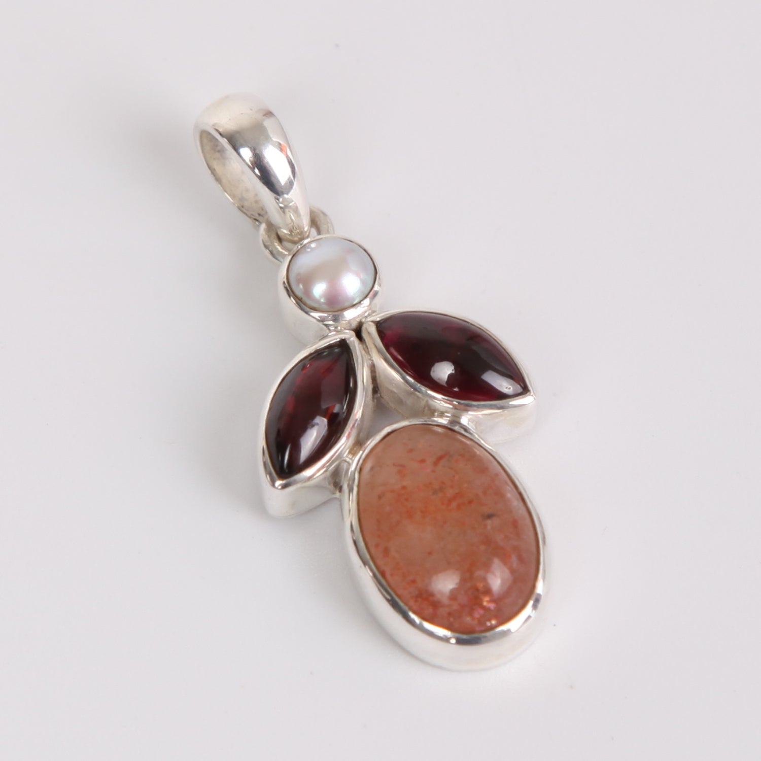 Sun Stone Sterling Silver Pendant with Garnet and Fresh Water Pearl
