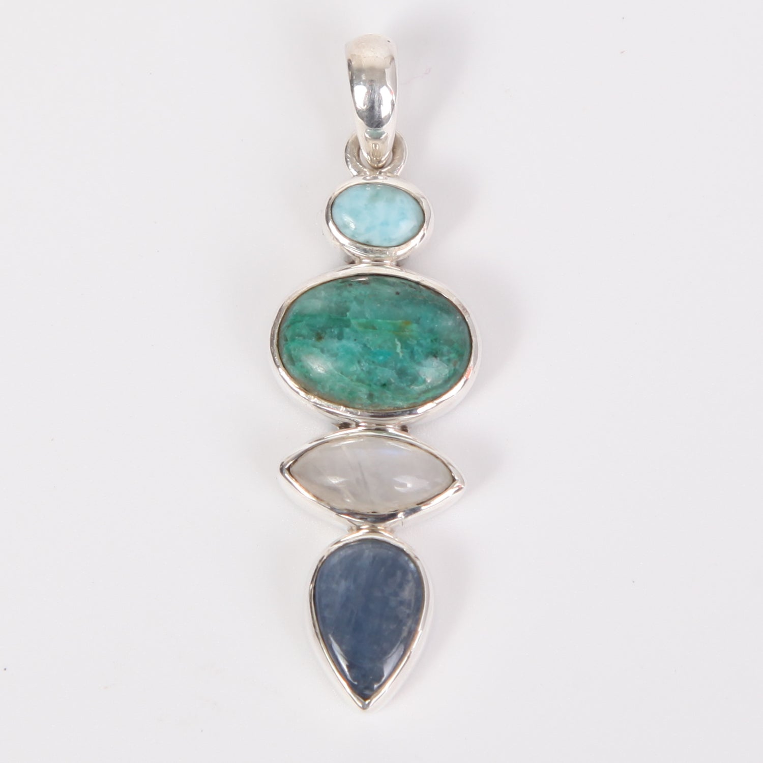 Chrysocolla Sterling Silver Pendant with Larimar Stone, Rainbow Moonstone and Kyanite