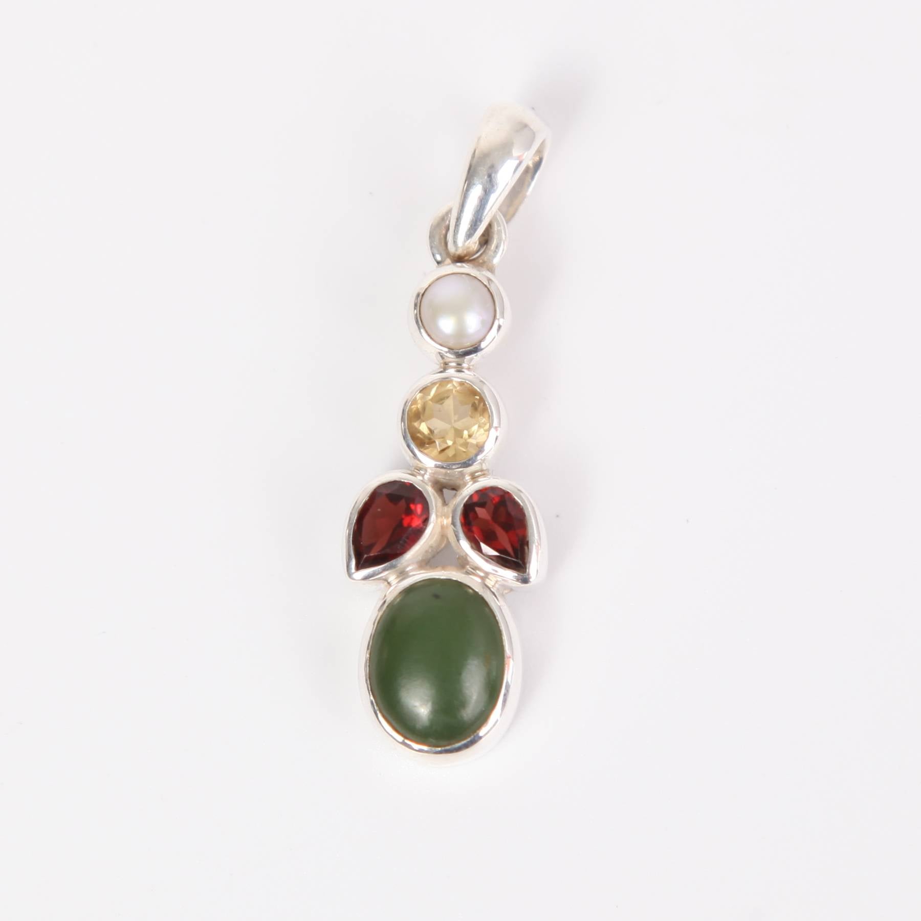 Nephrite Sterling Silver Pendant with Garnet, Citrine and Fresh Water Pearl