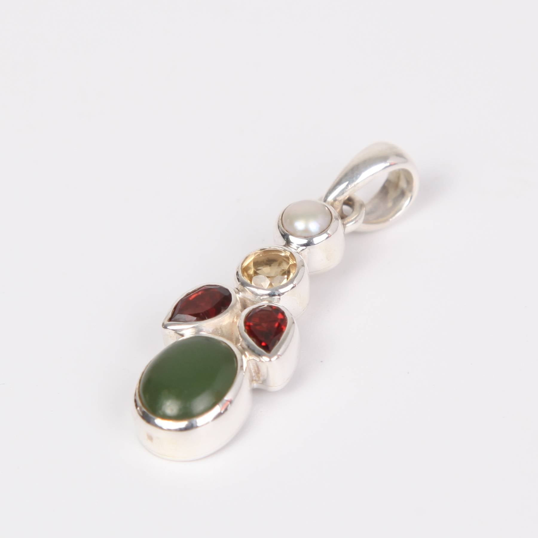 Nephrite Sterling Silver Pendant with Garnet, Citrine and Fresh Water Pearl