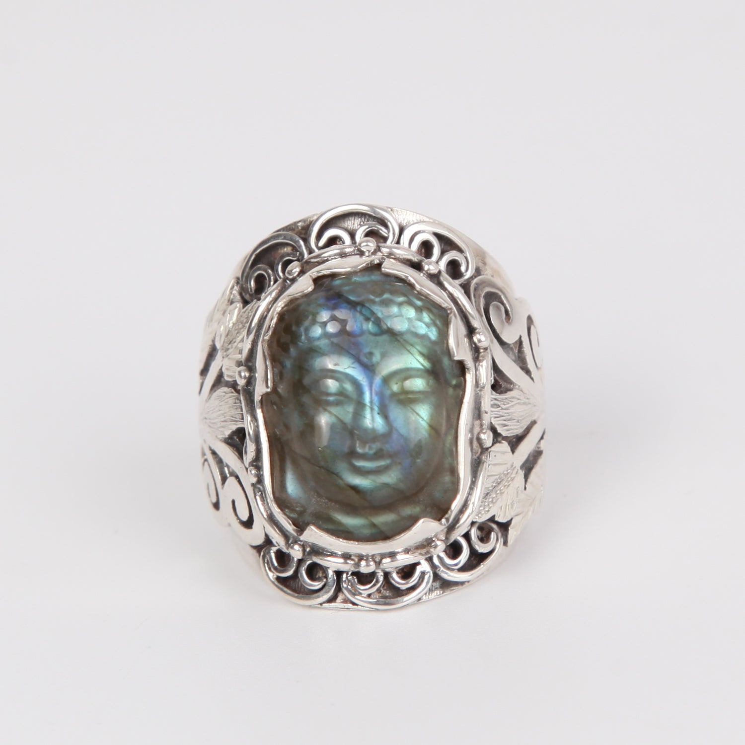 Labradorite Buddha Head Ring with Sterling Silver