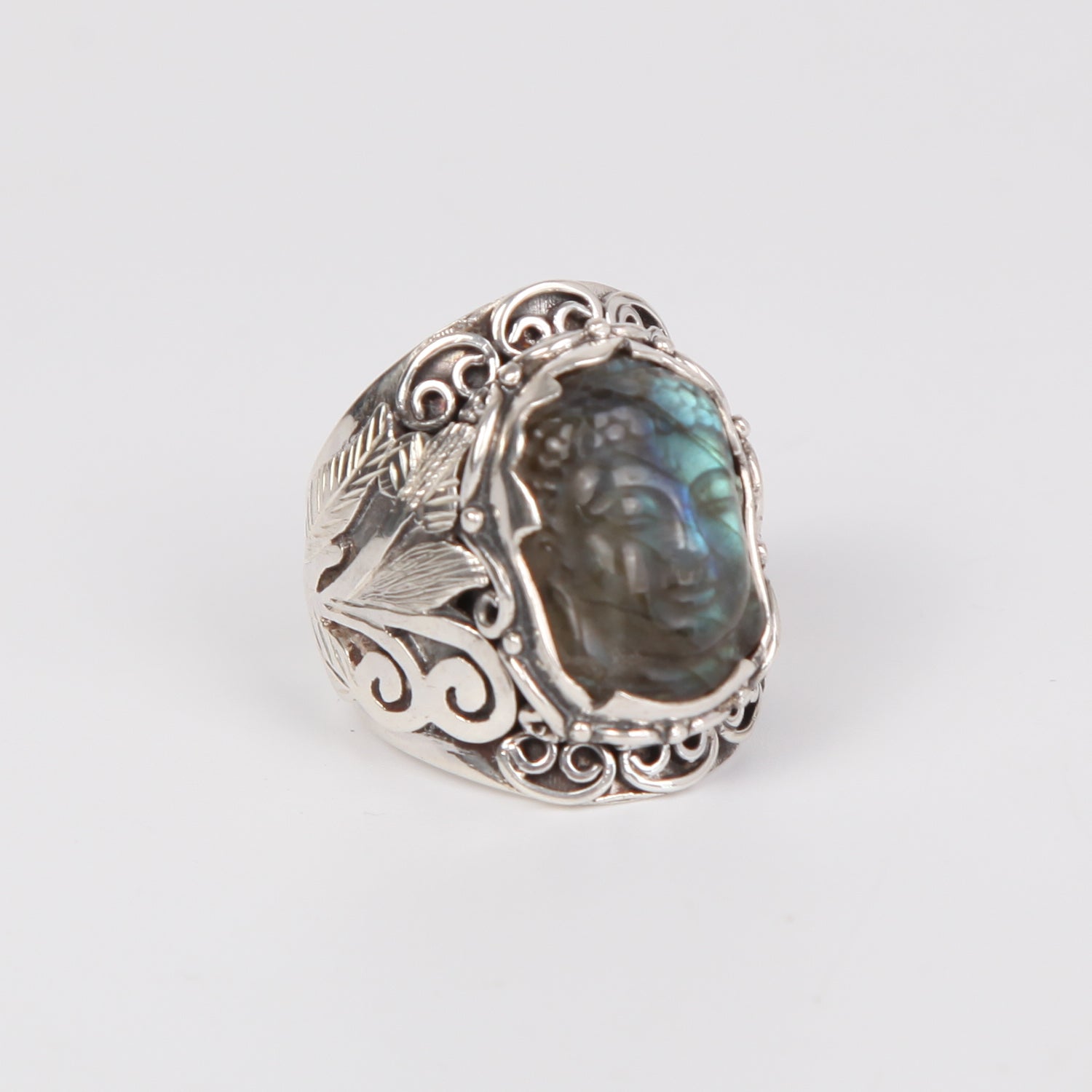 Labradorite Buddha Head Ring with Sterling Silver