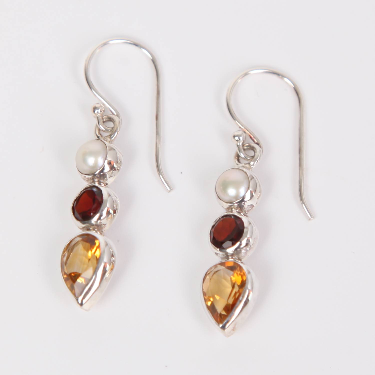 Citrine Sterling Silver Earrings with Garnet and Fresh Water Pearl