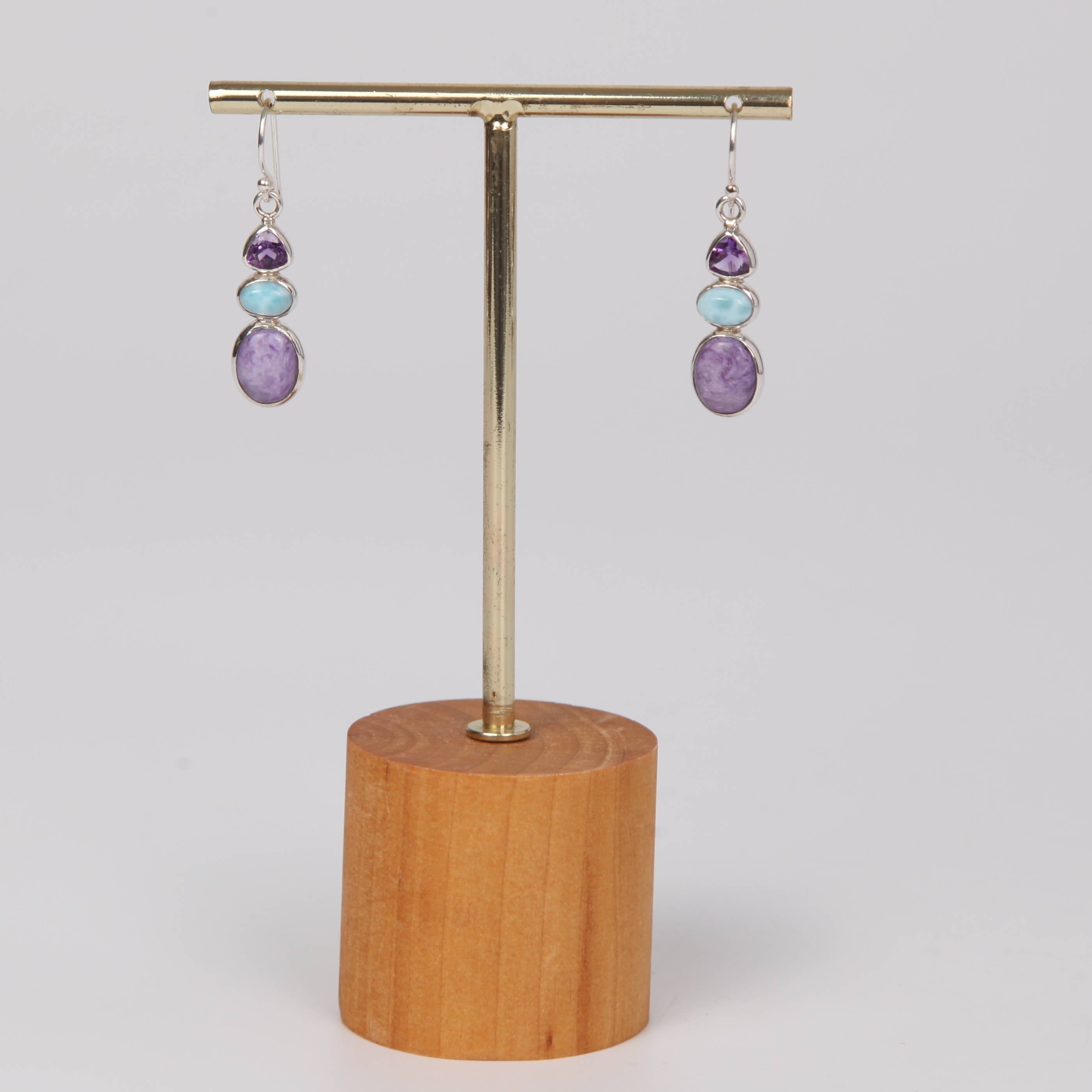 Chaorite Sterling Silver Earrings with Amethyst and Larimar Stone