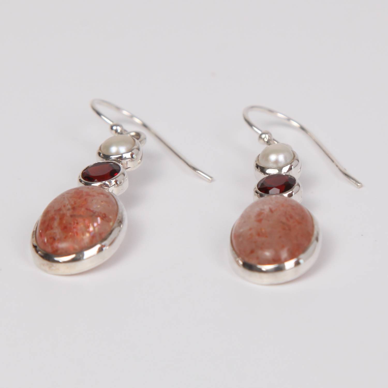 Sun stone Sterling Silver Earrings with Garnet and Fresh Water Pearl
