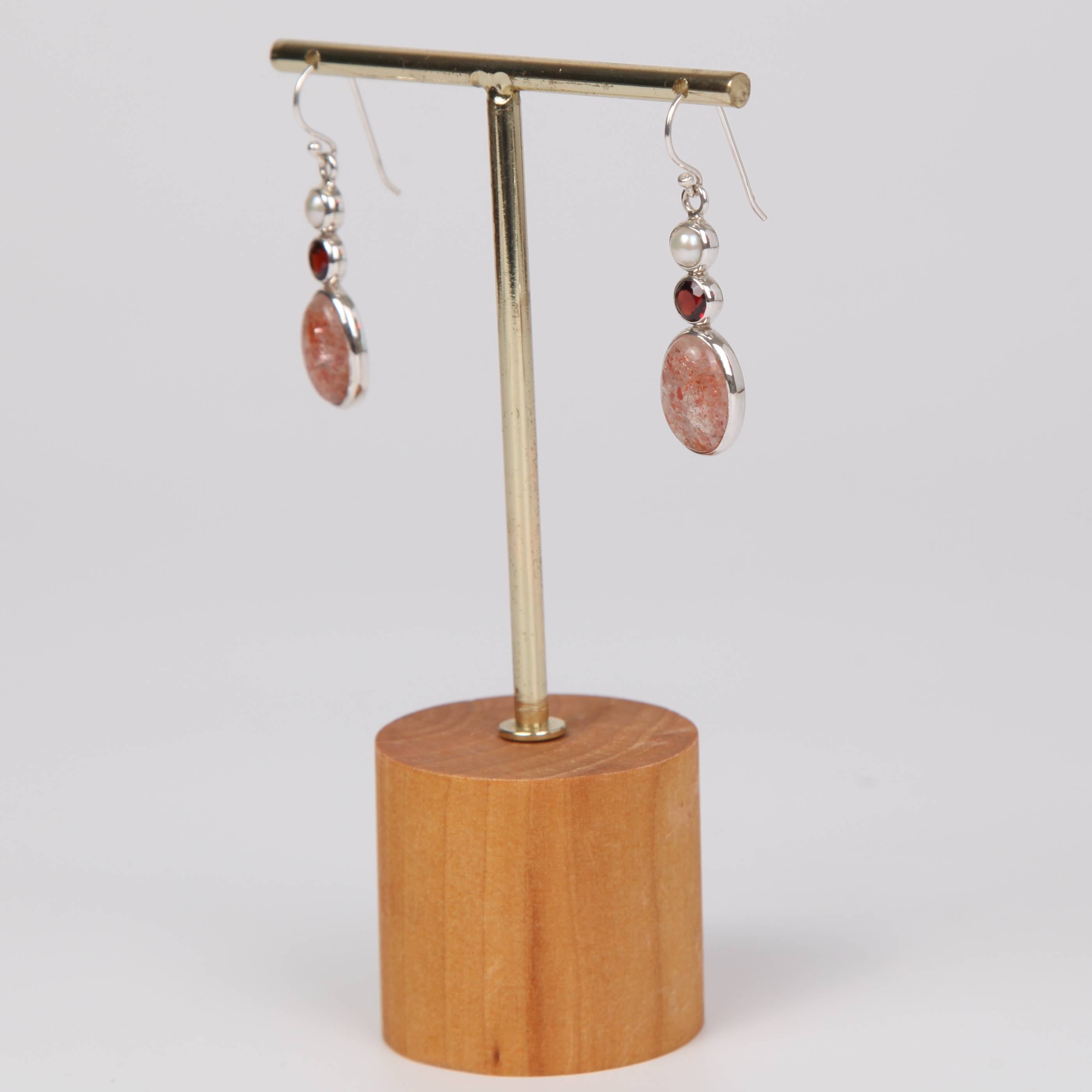 Sun stone Sterling Silver Earrings with Garnet and Fresh Water Pearl