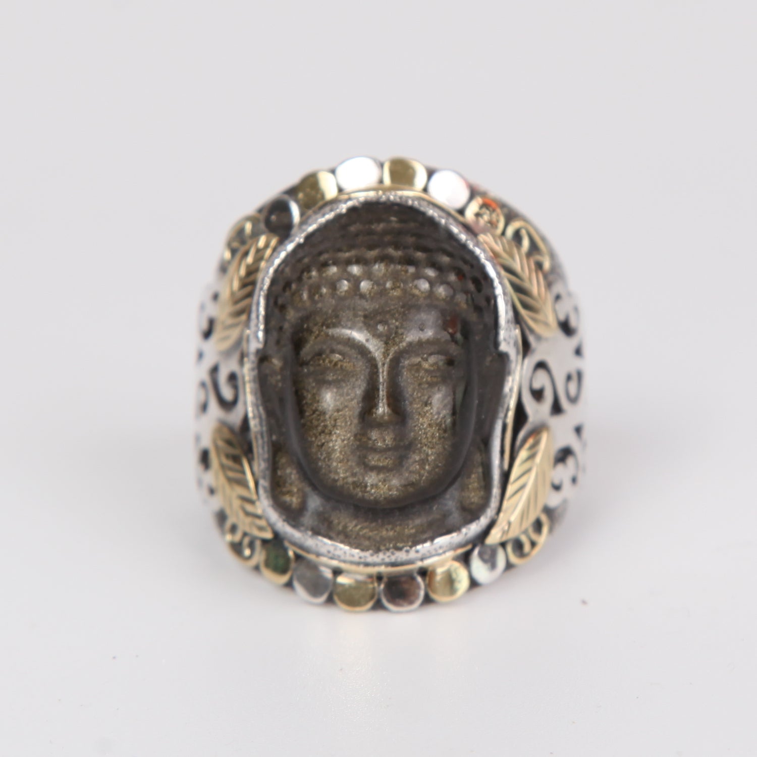 Gold Sheen Obsidian Buddha Head Ring with Sterling Silver and 18K Gold