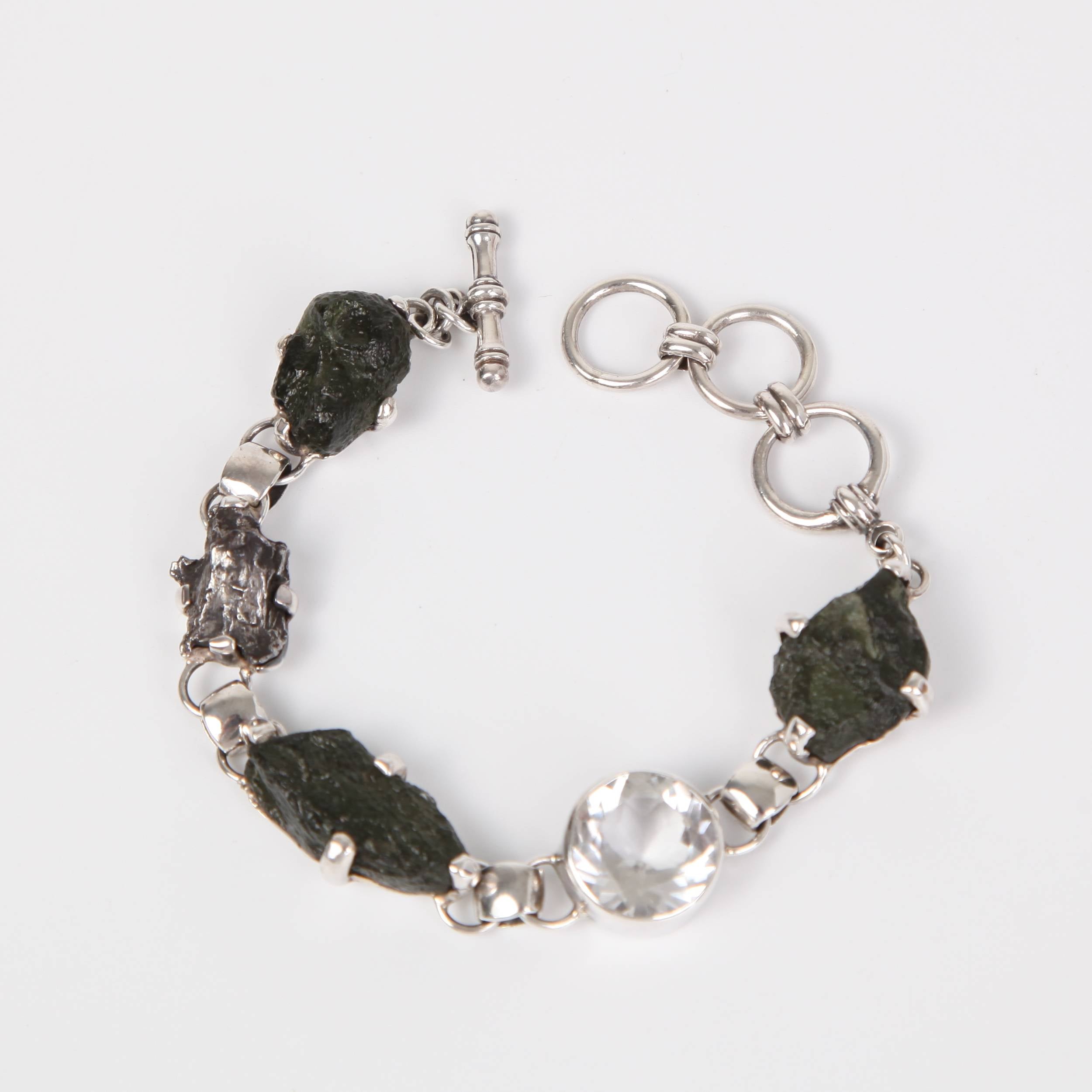 Rough Moldavite (meteorite) Sterling Silver Bracelet with Clear Quartz and Campo de Clelo Meteorite