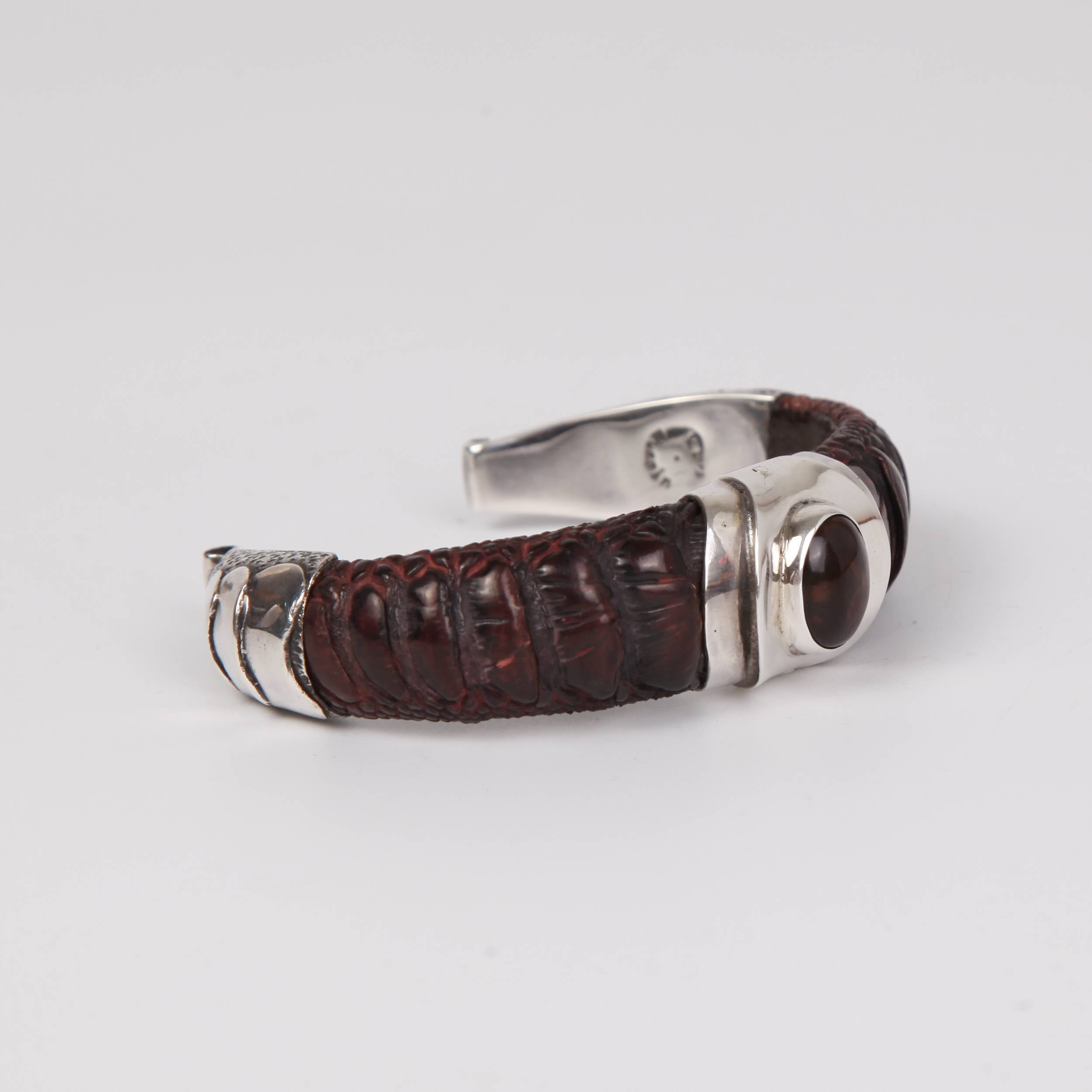 Leather (Ostrich toe skin) Bracelet with Sterling Silver and Fire Agate