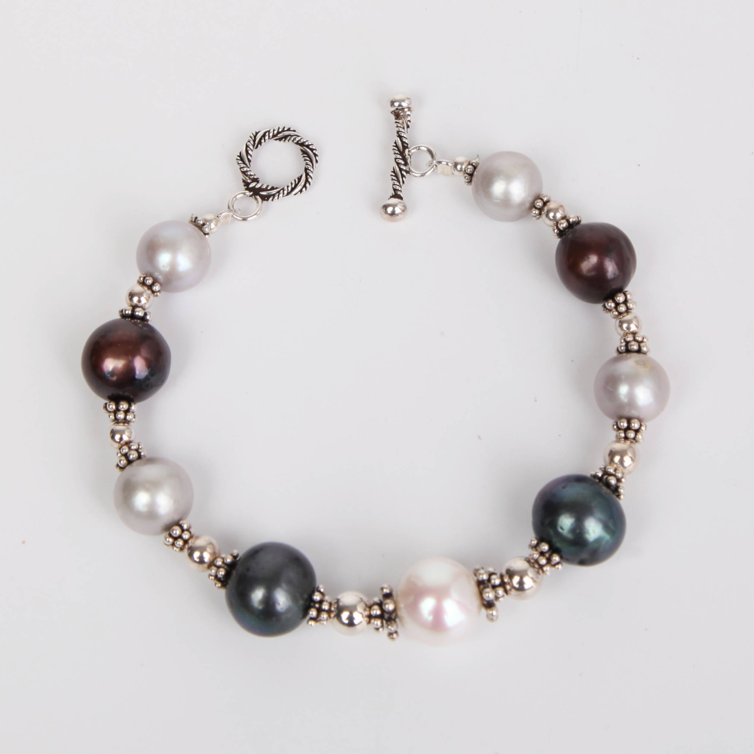 Tri-Toned Fresh Water Pearls Bracelet with Sterling Silver