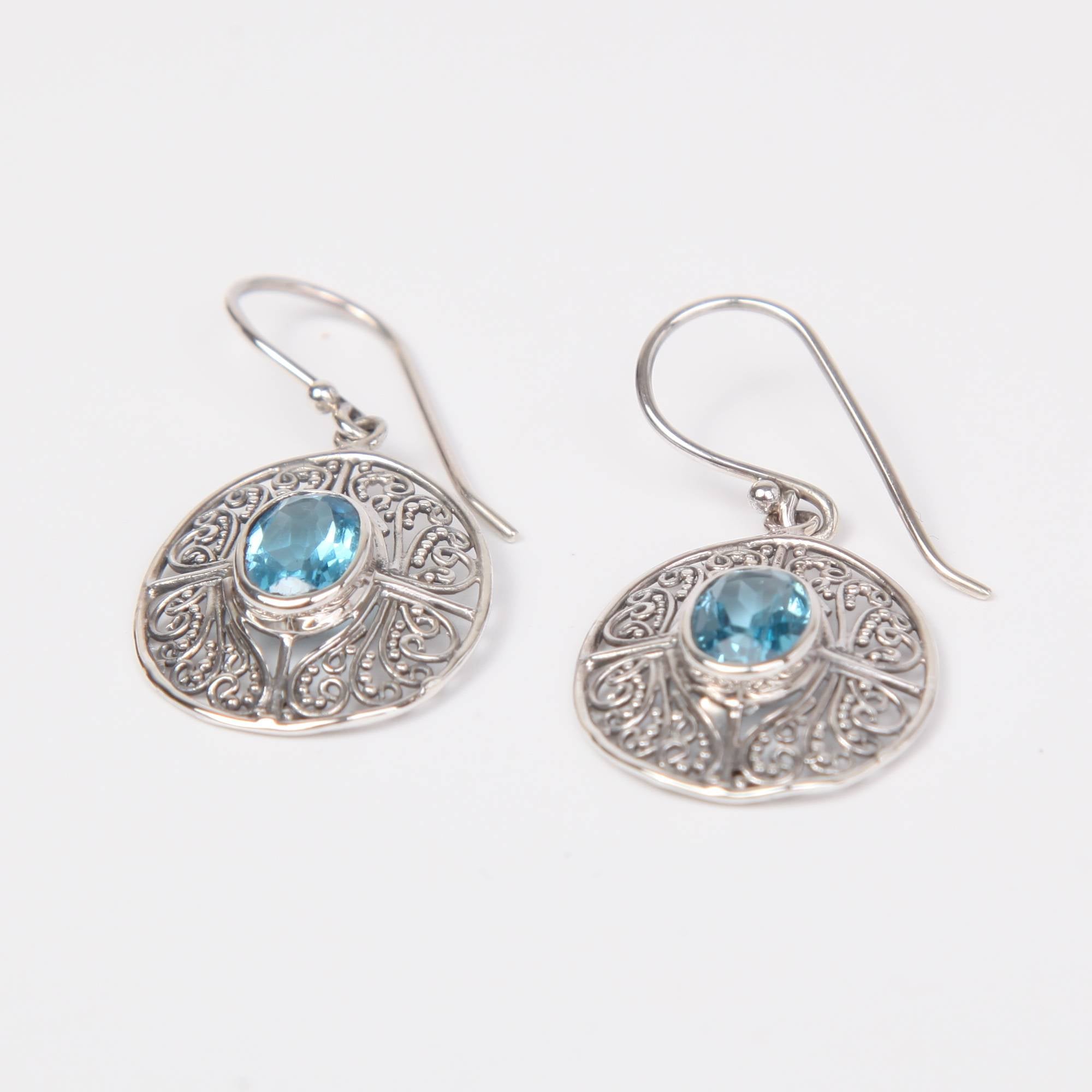 Sterling Silver Earrings with Blue Topaz Circle