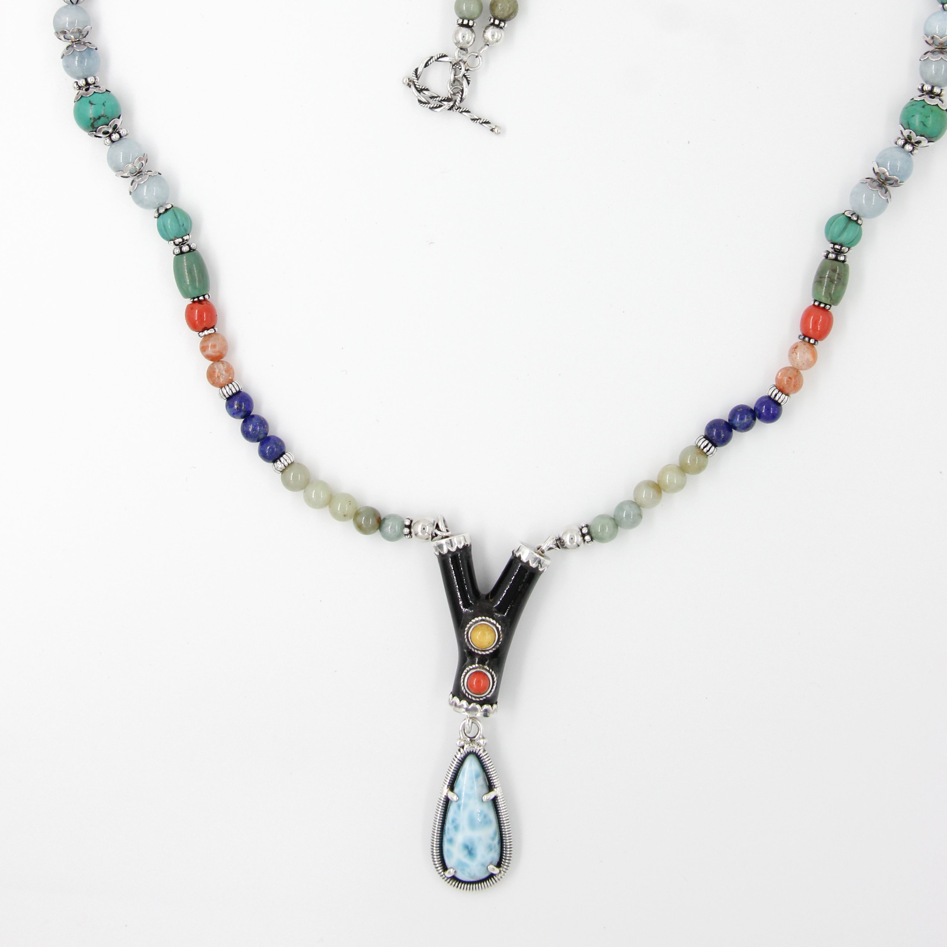 Larimar Stone Necklace with Black Coral, Jade, Lapis Lazuli, Red Coral, Sun Stone, Turquoise, Aquamarine and Silver Beads