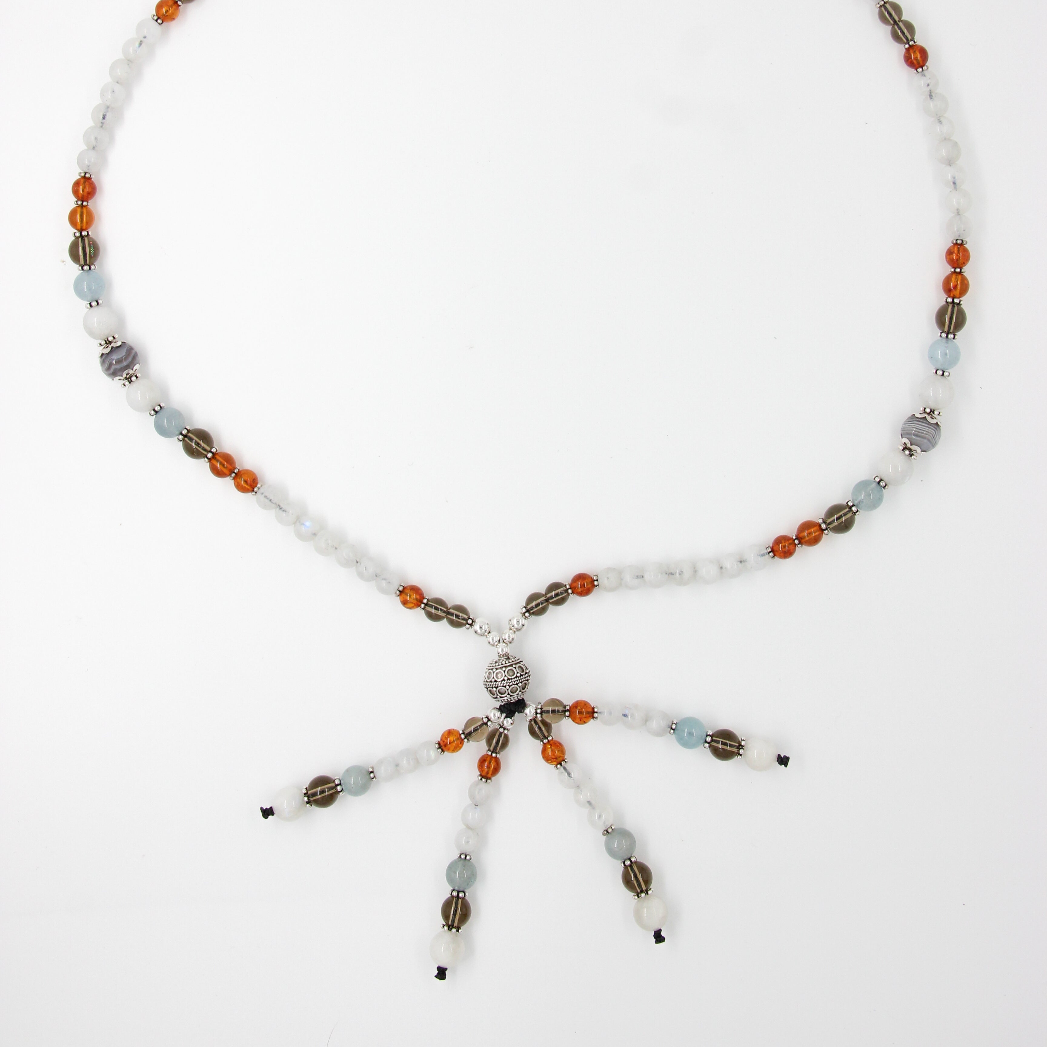 Rainbow Moon Stone Necklace with Amber, Aquamarine, Agate, Smokey Quartz and Silver Beads
