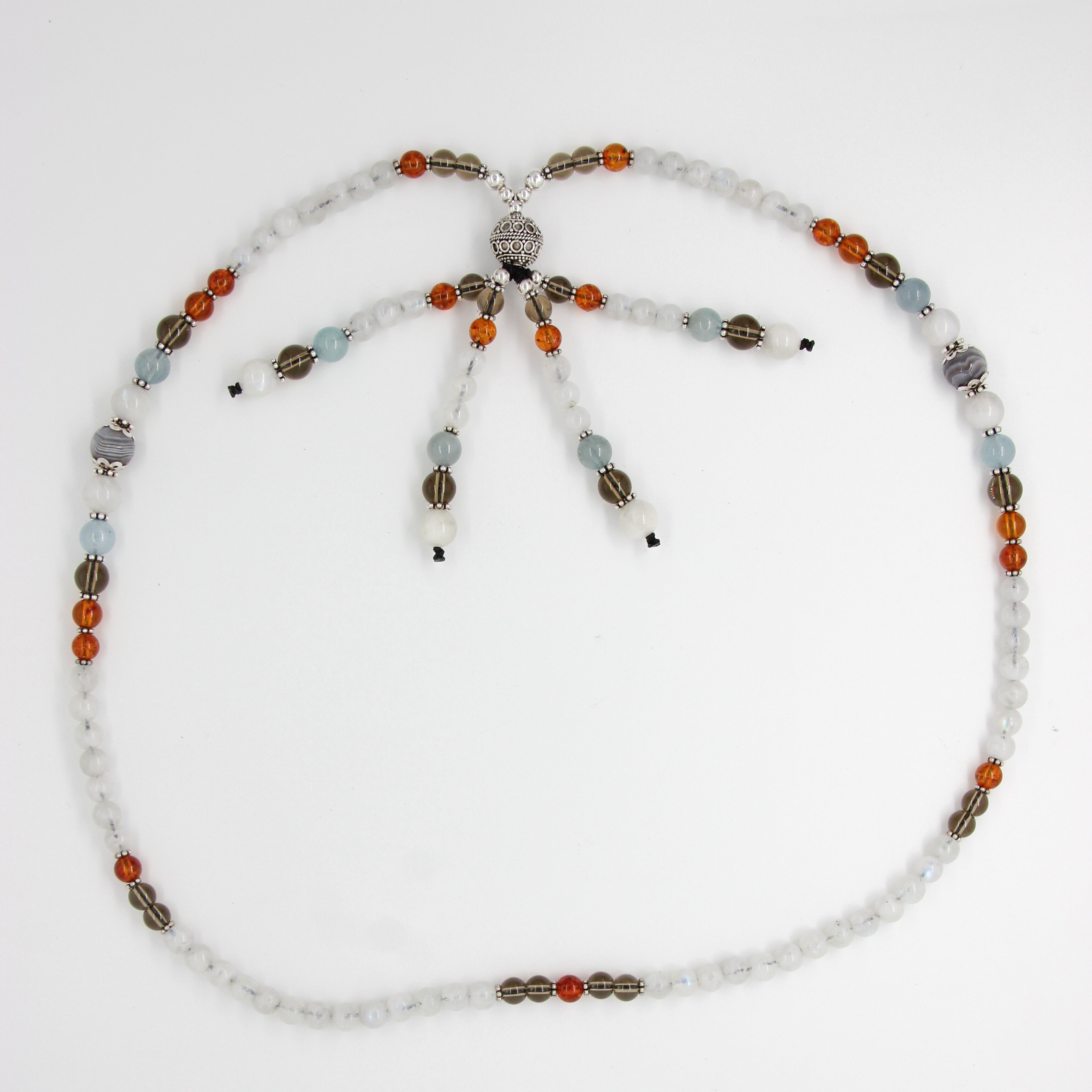 Rainbow Moon Stone Necklace with Amber, Aquamarine, Agate, Smokey Quartz and Silver Beads