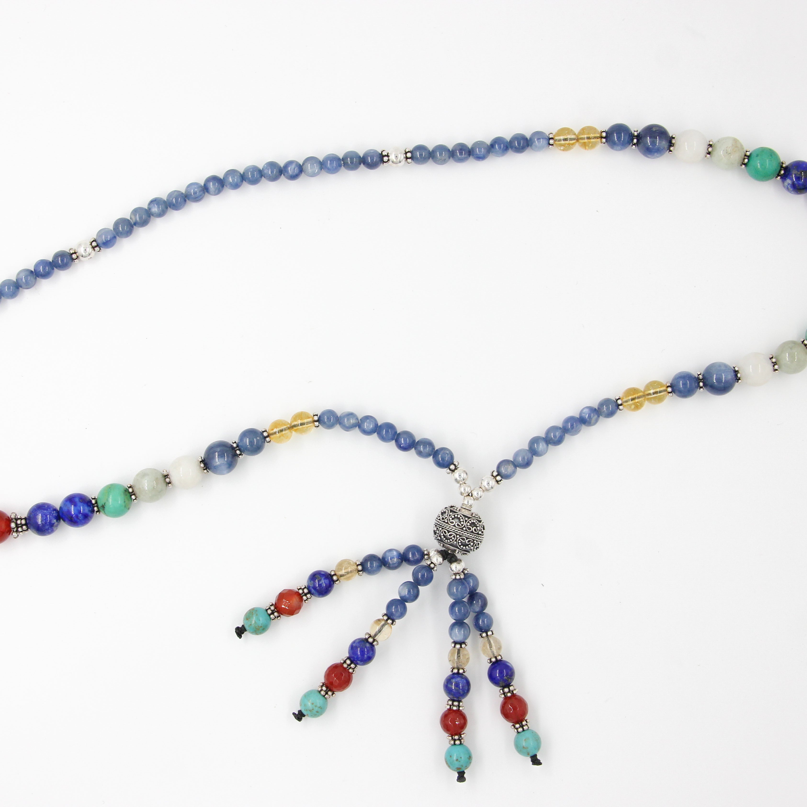 Kyanite Beads Necklace with Citrine, Rainbow Moon Stone, Lapis Lazuli, Carnelian, Turquoise, Jade and Silver Beads
