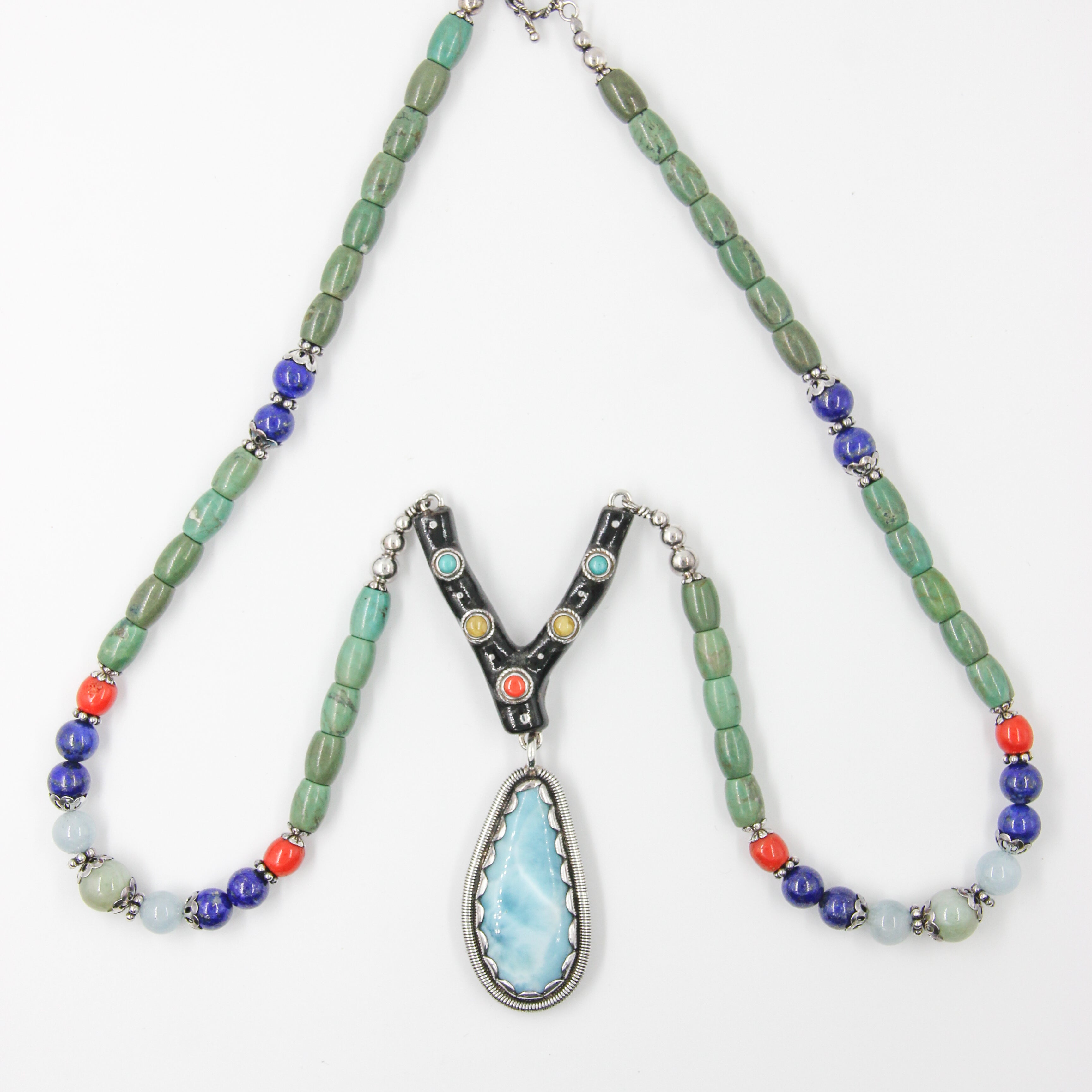 Larimar Stone Necklace with Black Coral, Turquoise, Red Coral, Lapis Lazuli, Aquamarine, Jade and Silver Beads