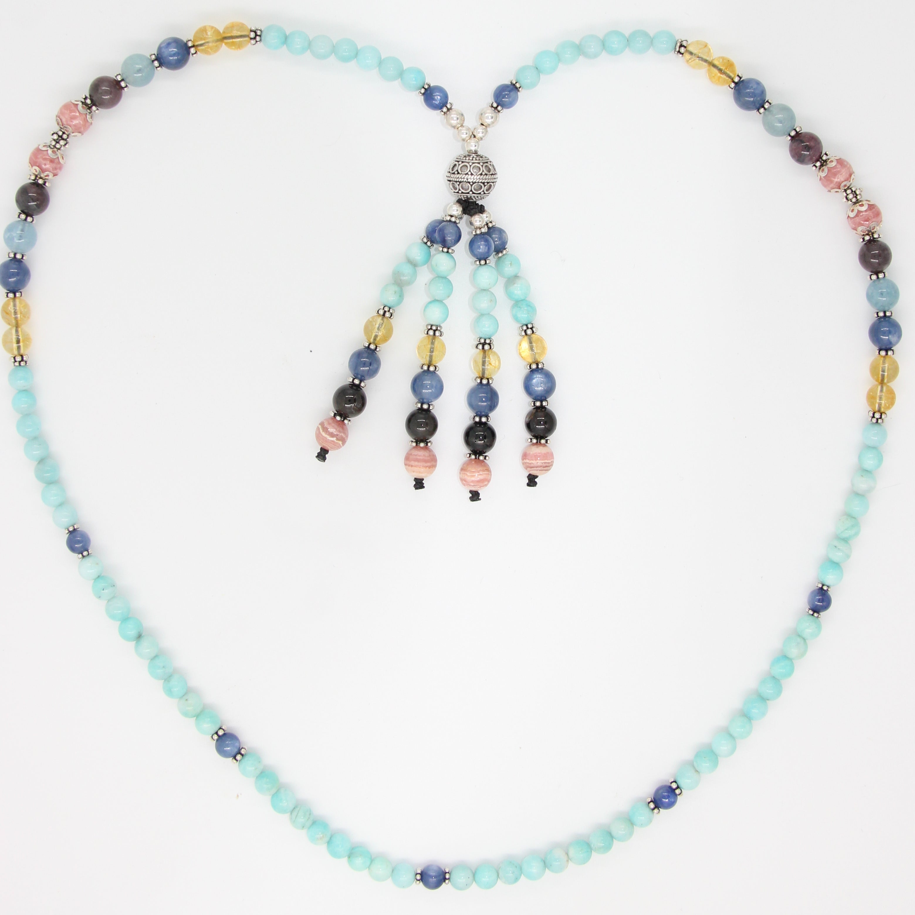 Amazonite Beads Necklace with Citrine, Aquamarine, Rhodochrosite, Tourmaline, Kyanite and Silver Beads
