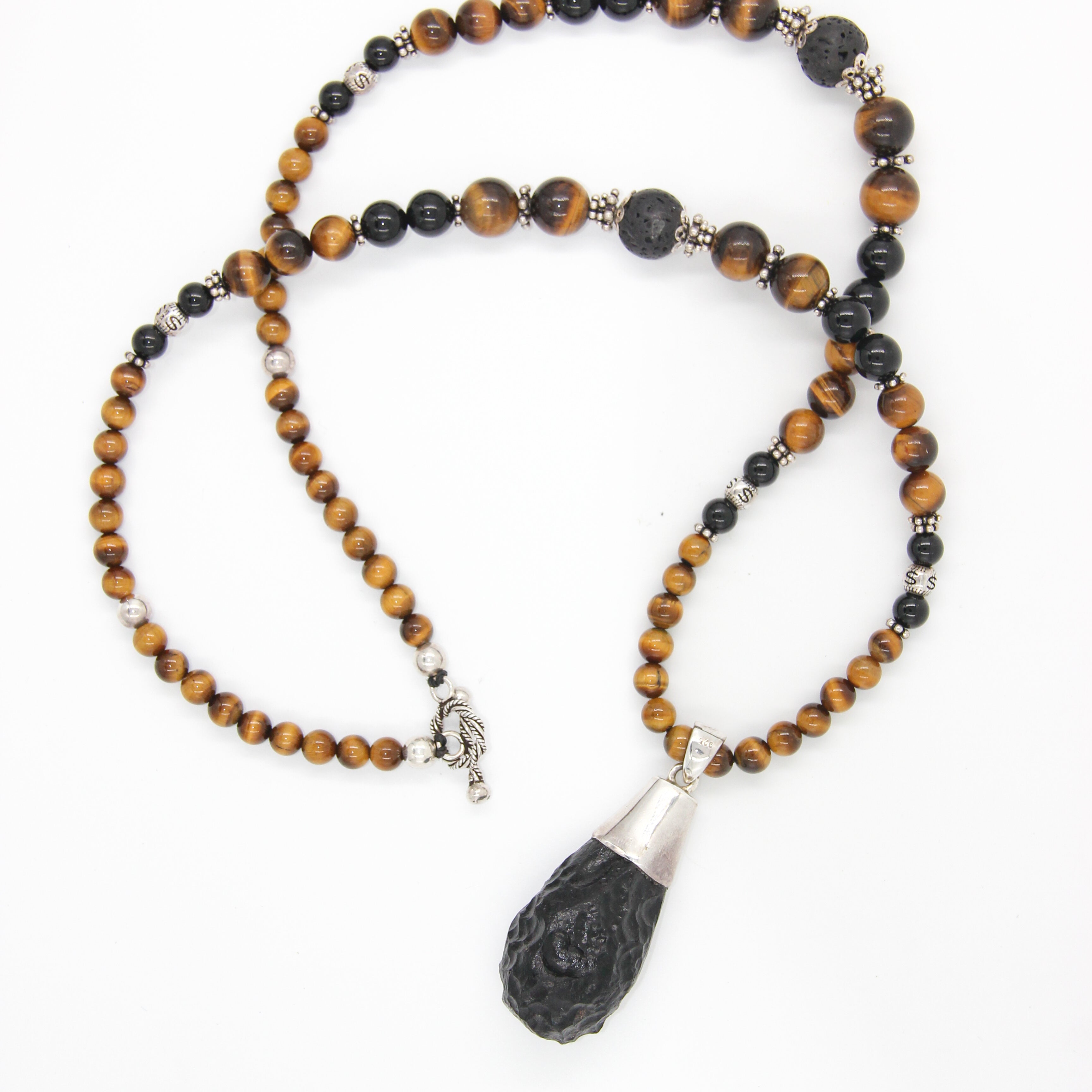 Tiger's Eye Necklace with Tektite (Meteorite), Black Onyx, Lava and Silver Beads