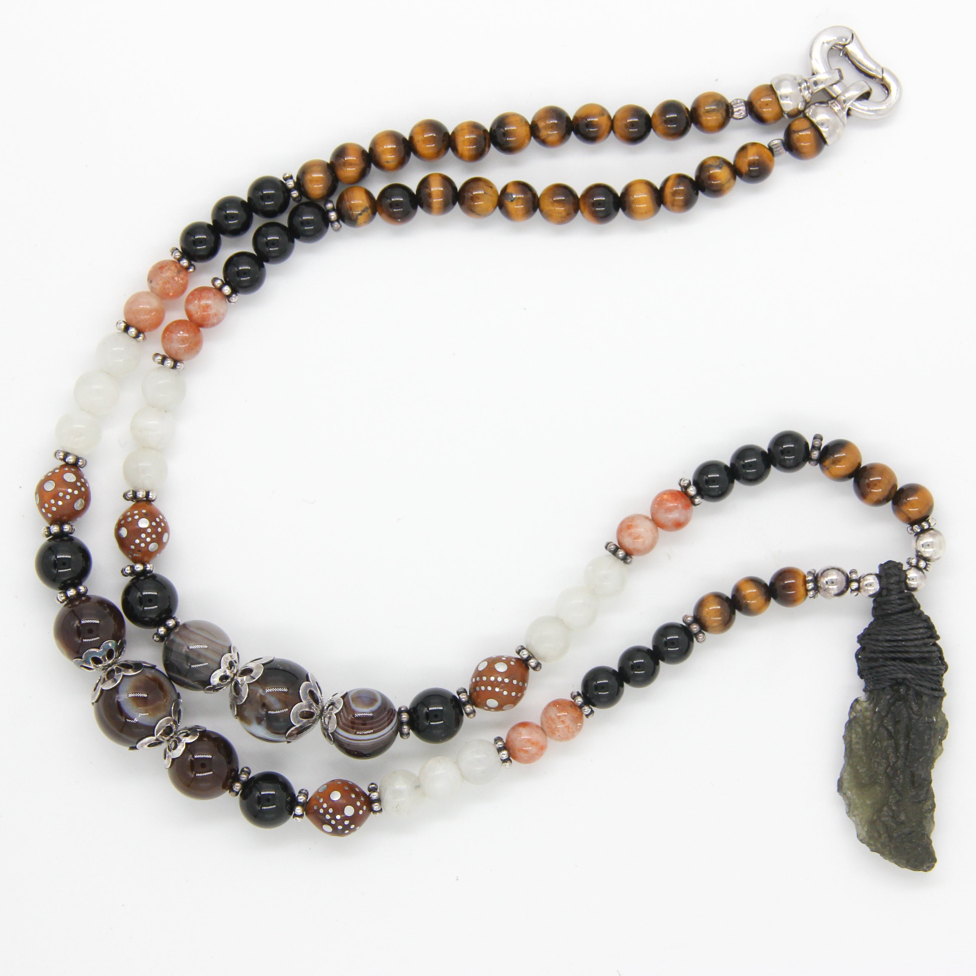 Moldavite Necklace with Tiger's Eye, Agate, Rainbow Moon Stone, Sun Stone, Onyx and Silver Beads