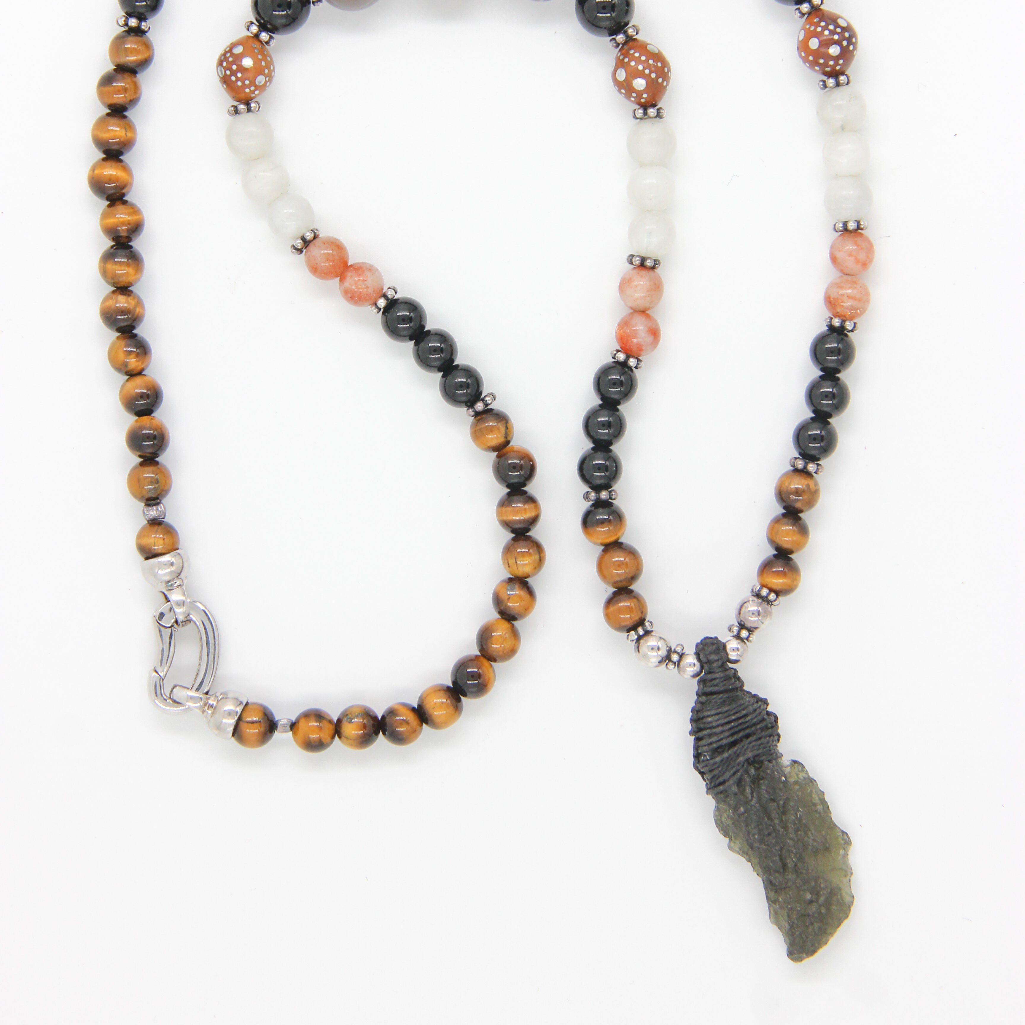 Moldavite Necklace with Tiger's Eye, Agate, Rainbow Moon Stone, Sun Stone, Onyx and Silver Beads