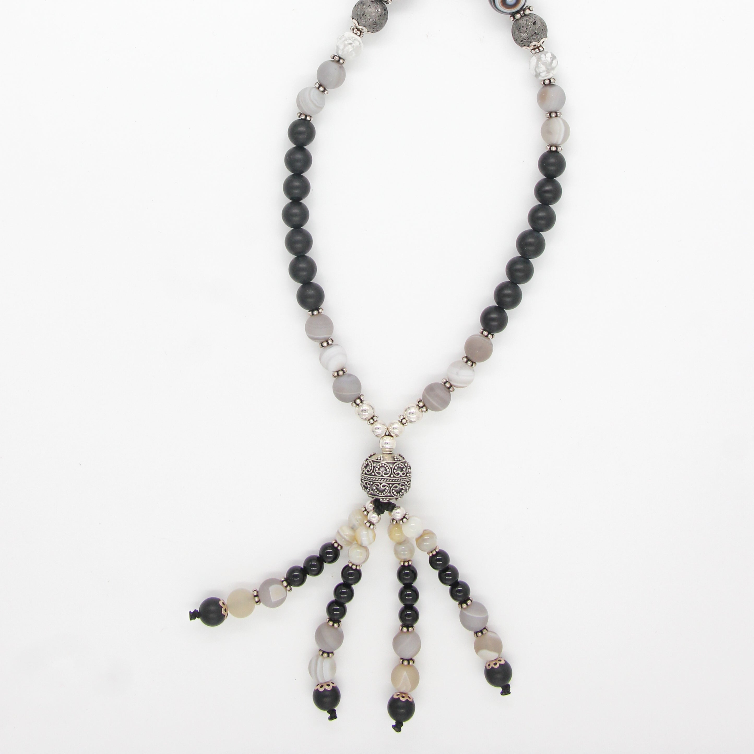 Black Onyx Beads Necklace with Agate, Lava, Howlite and Silver Beads