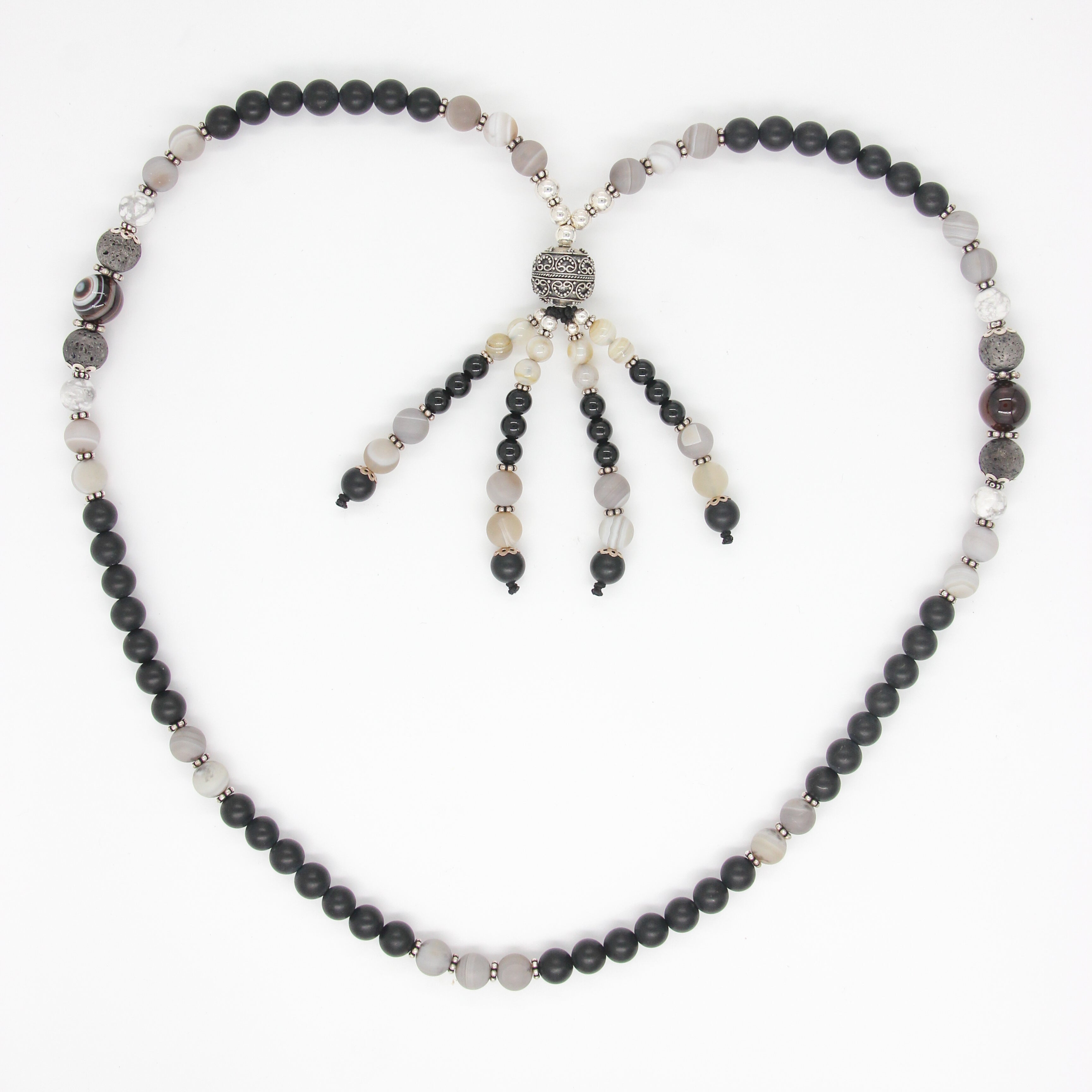 Black Onyx Beads Necklace with Agate, Lava, Howlite and Silver Beads