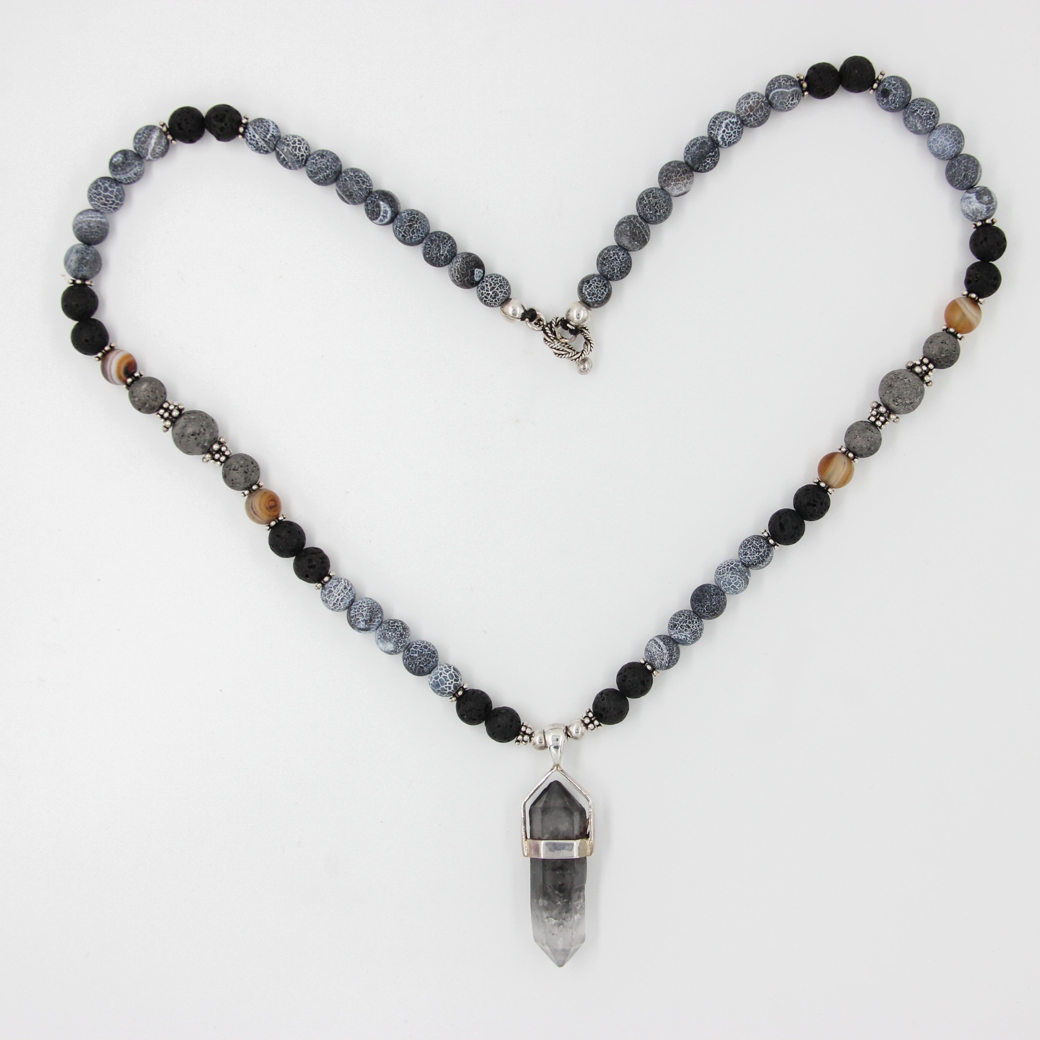 Agate Beads Necklace with Herkimar Crystal, Lava and Silver Beads