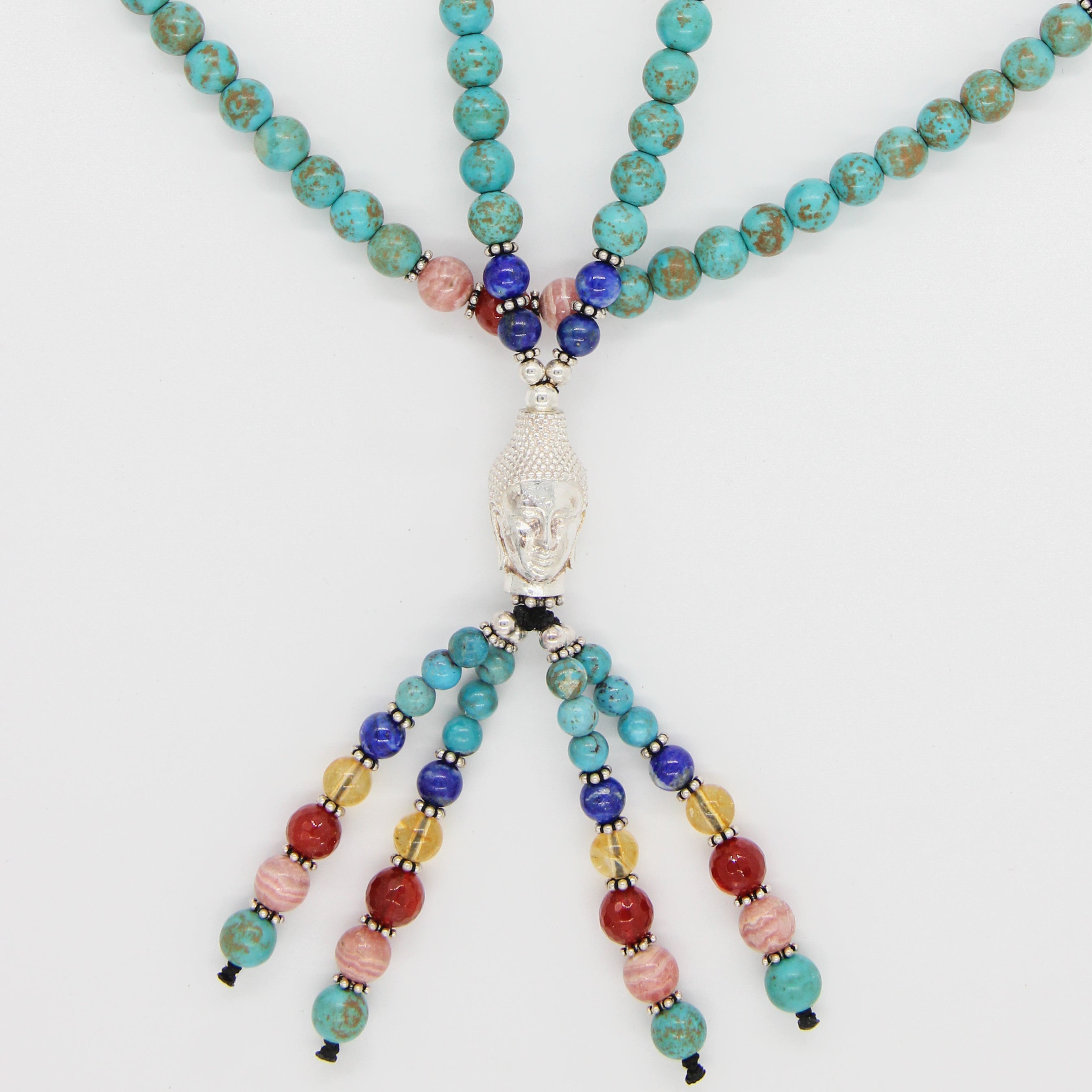 Turquoise Bead Necklace with Silver Buddha Head, Rhodochrosite, Carnelian, Citrine, Kyanite, Lapis Lazuli and Silver Beads