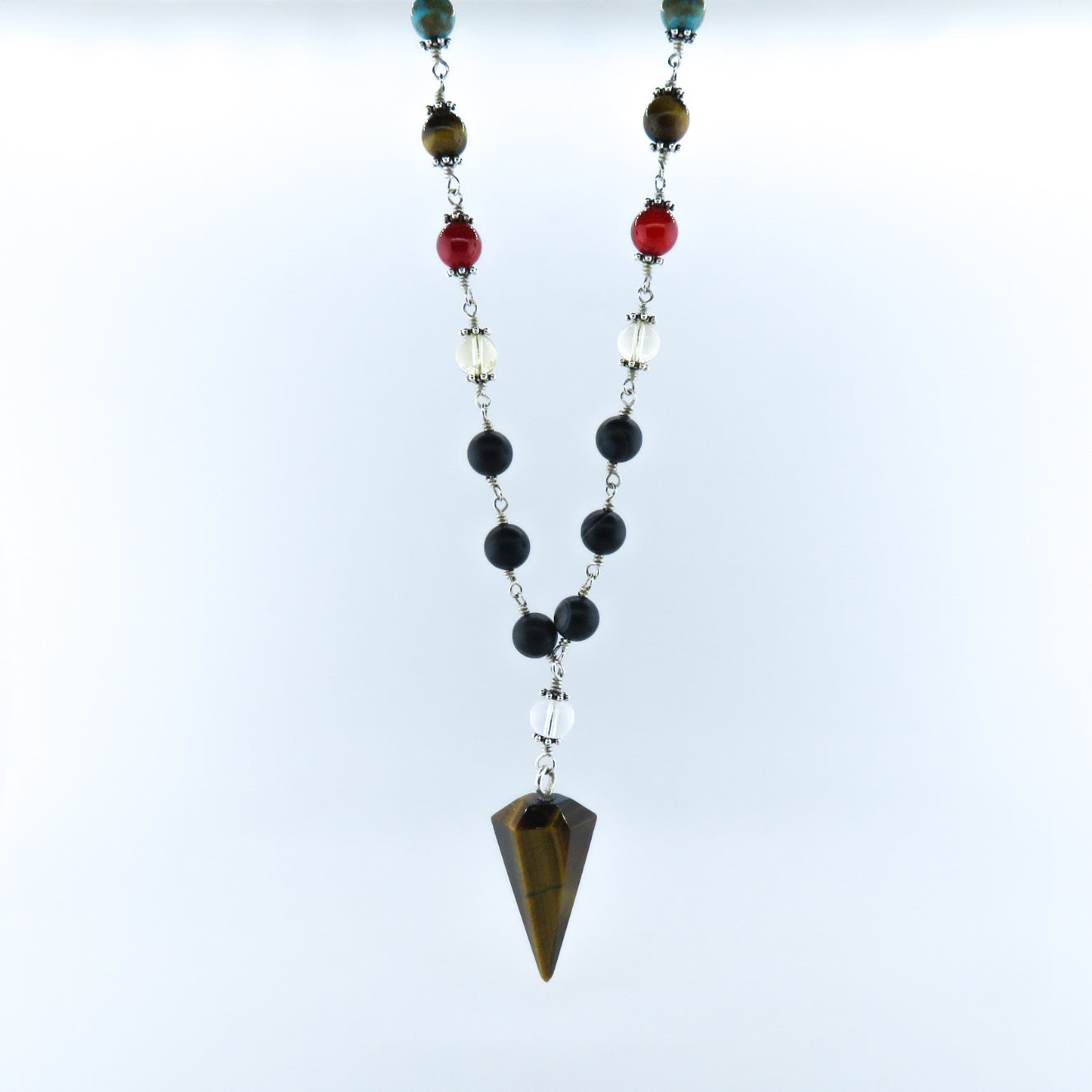 7 Chakras Beads Necklace with Tiger's Eye, Agate and Sterling Silver