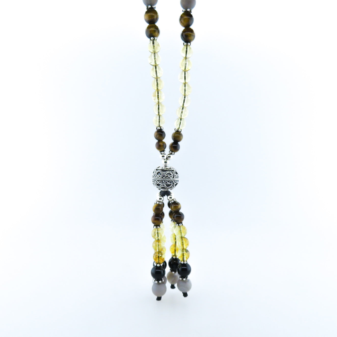 Citrine Necklace with Agate, Tiger's Eye, Black Onyx and Silver Beads