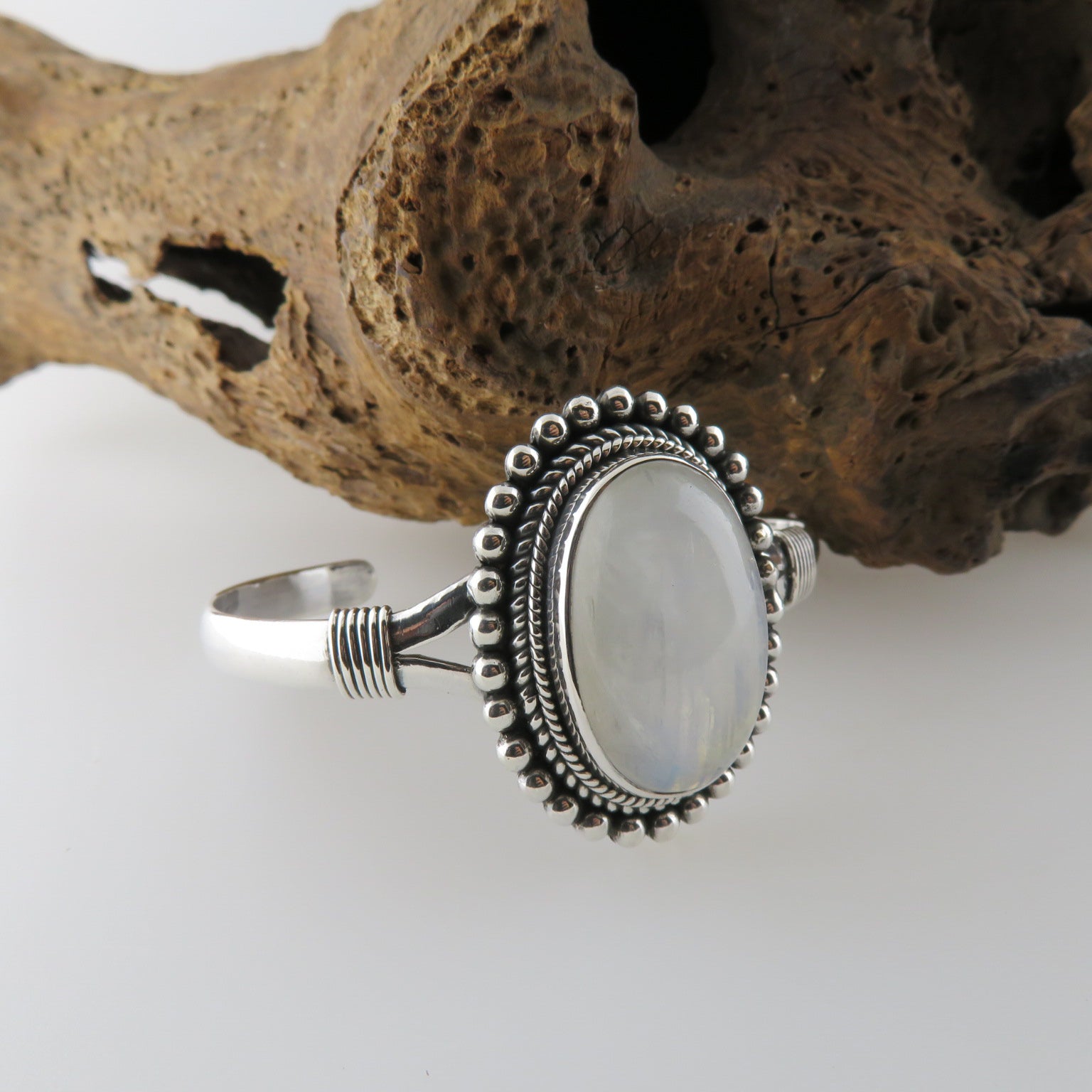 Rainbow Moon Stone Bangle with Sterling Silver