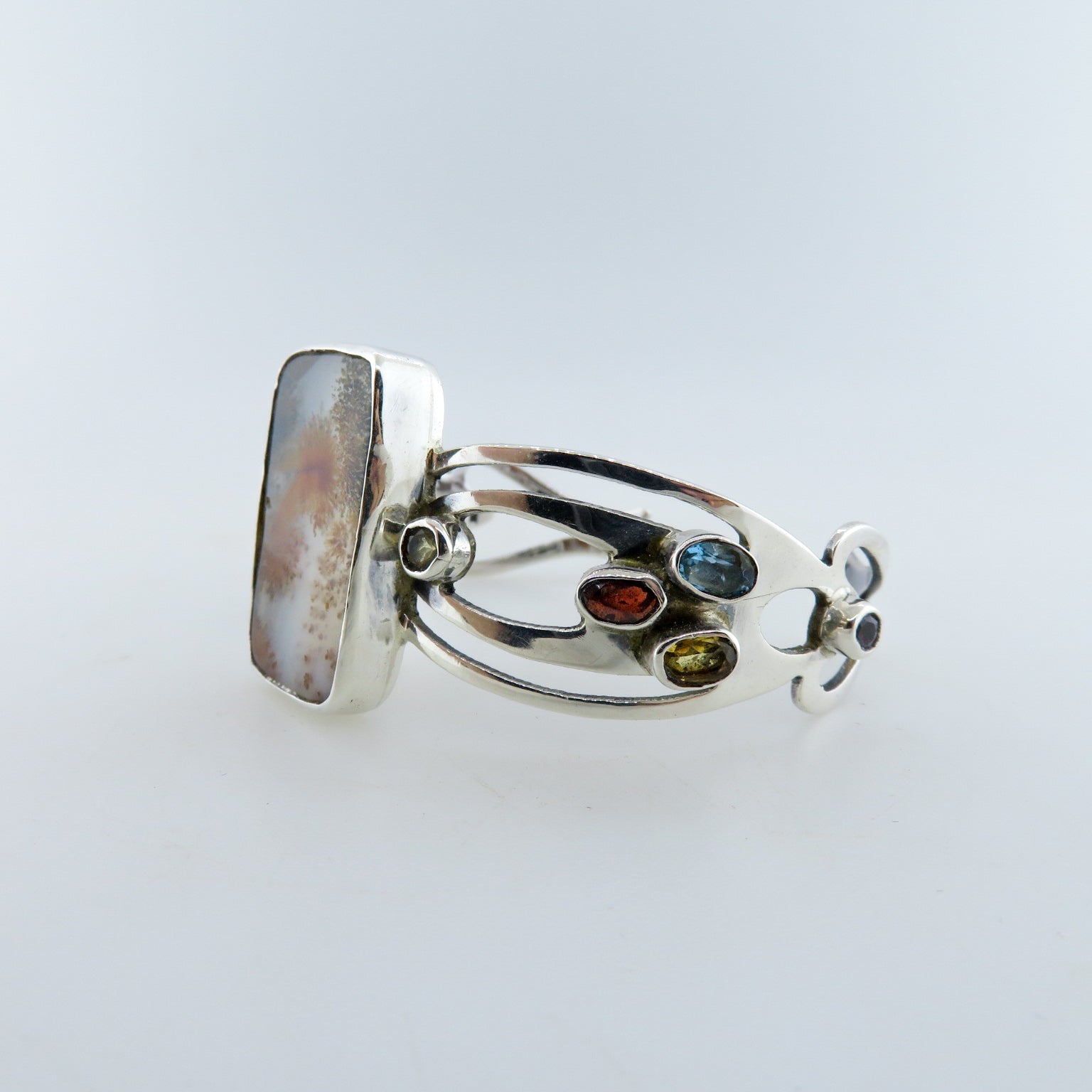 Agate Sterling Silver Bangle with Amethyst, Blue Topaz, Citrine, Garnet and Onyx