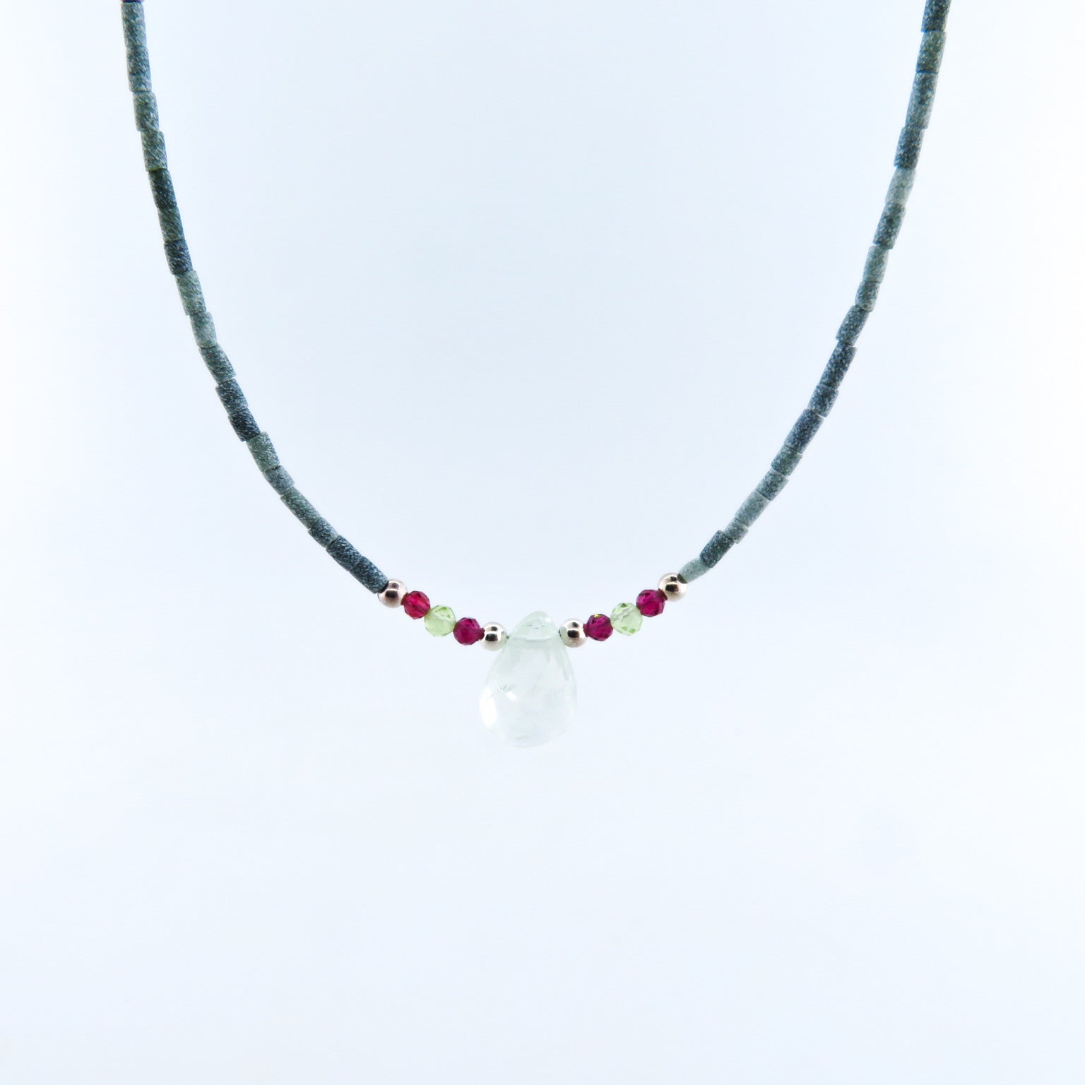 Jade Necklace with Blue Topaz, Garnet, Peridot and Silver Beads