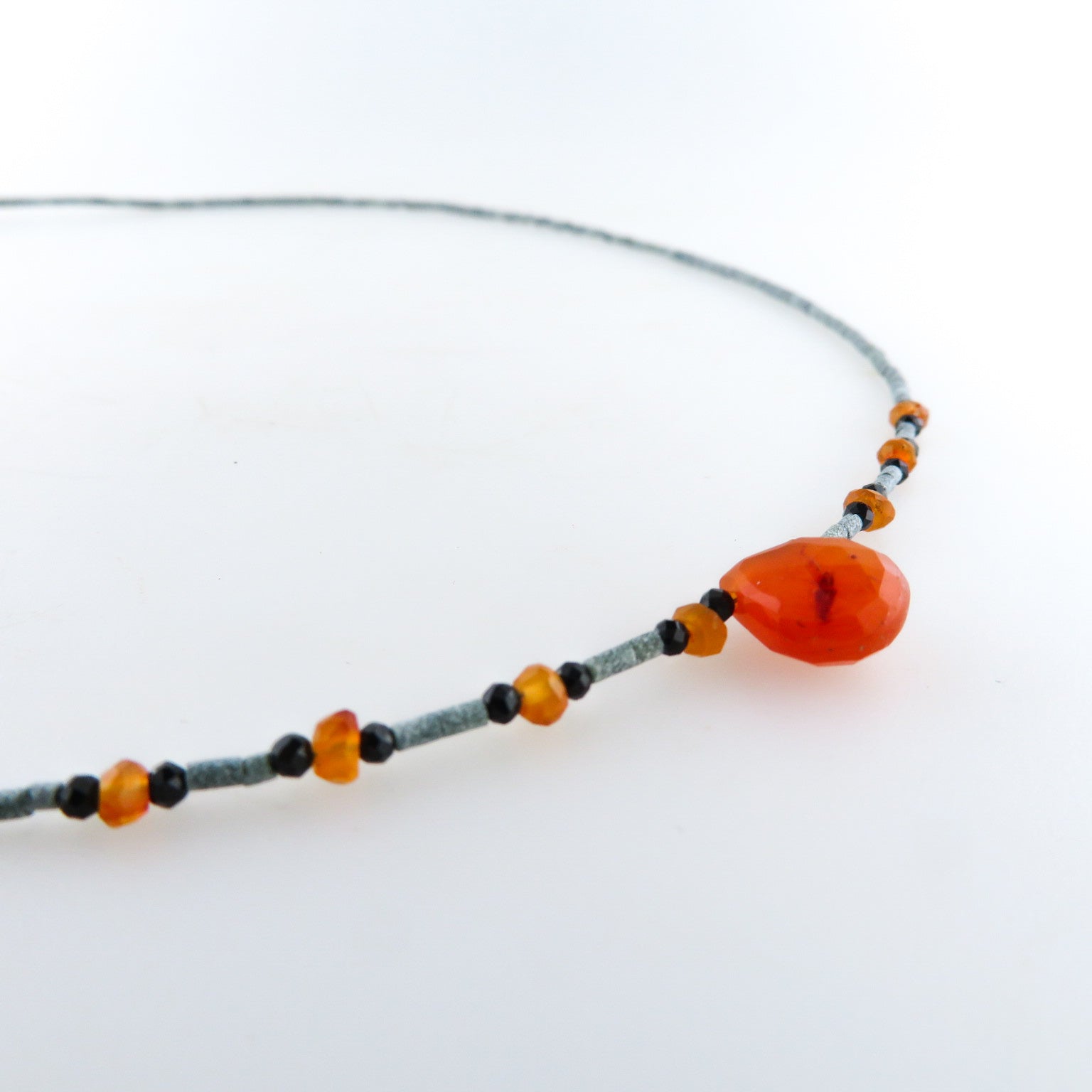 Jade Necklace with Carnelian, Black Onyx and Silver Beads