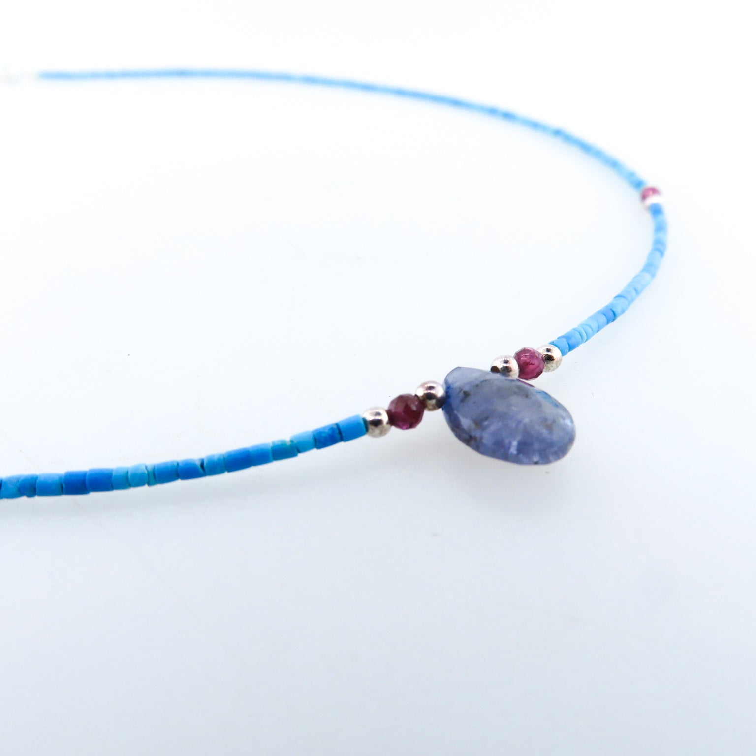 Turquoise Necklace with Iolite, Garnet and Silver Beads