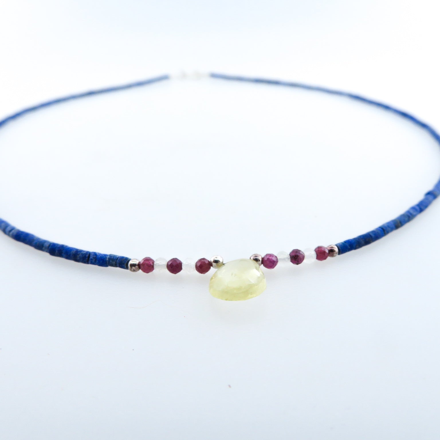 Lapis Lazuli Necklace with Citrine, Garnet, Rainbow Moon Stone and Silver Beads