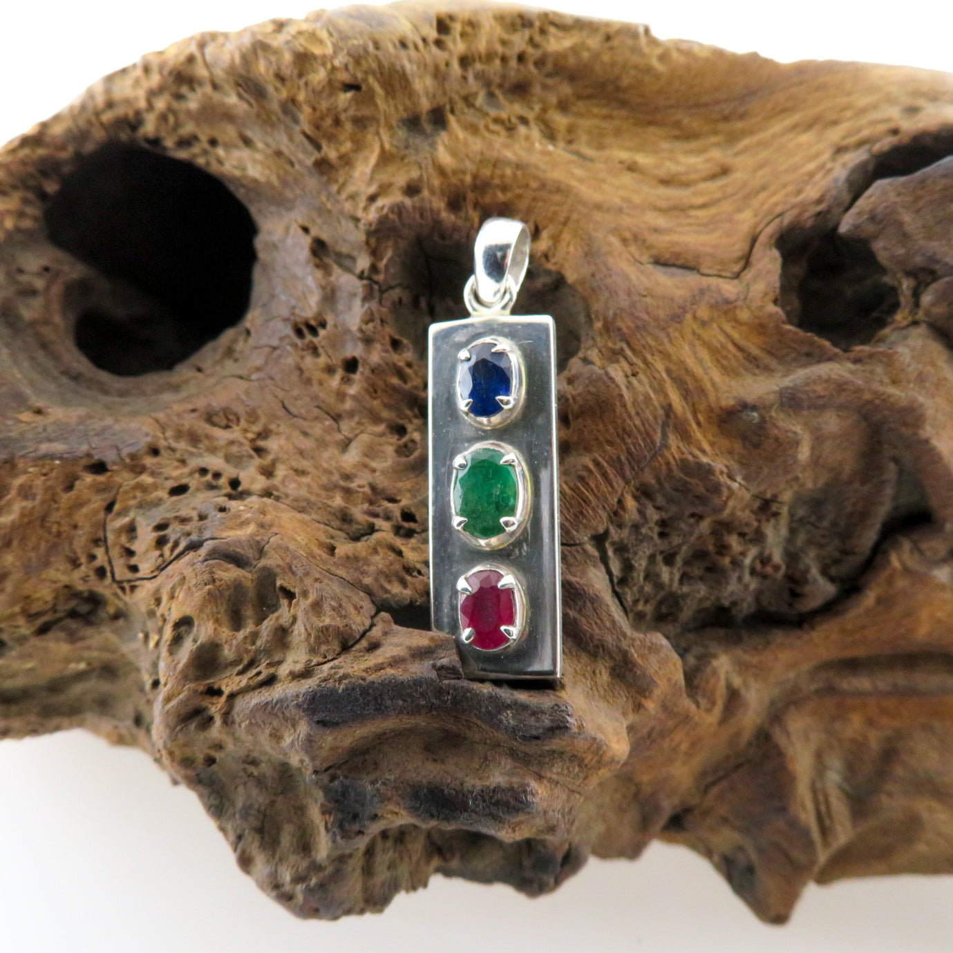 Sterling Silver Pendant with Blue Sapphire, Emerald and Ruby