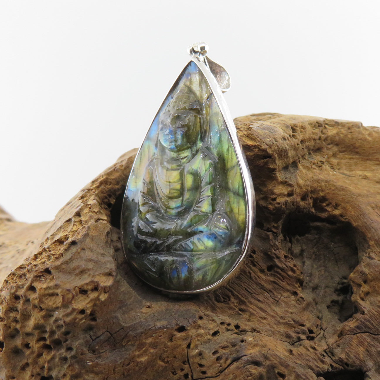 Labradorite (Buddha Curved) Pendant with Sterling Silver and Peridot