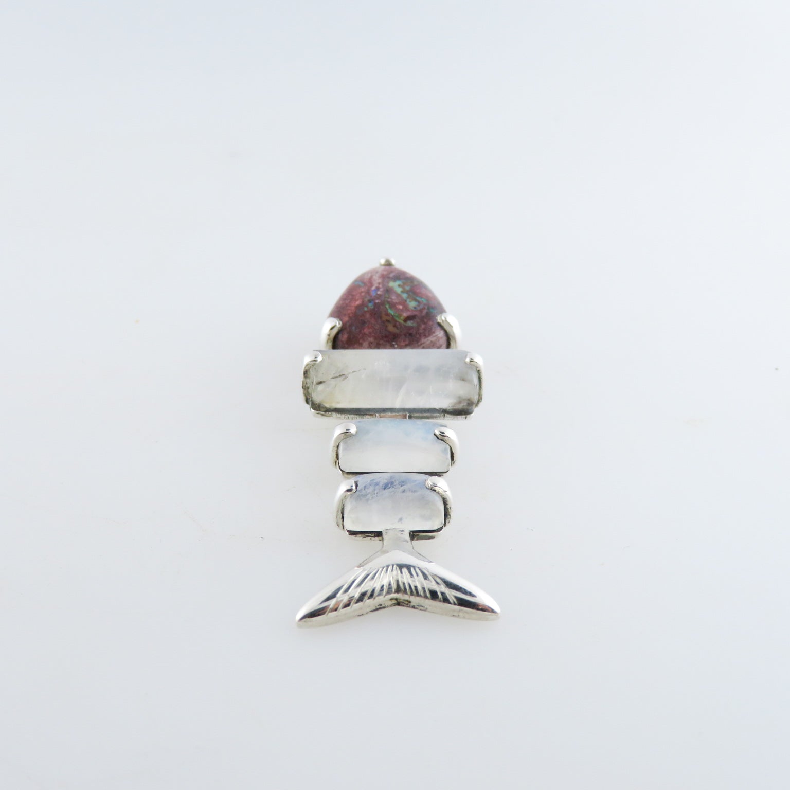 Mexican Opal Sterling Silver Pendant with Rainbow Moon Stone