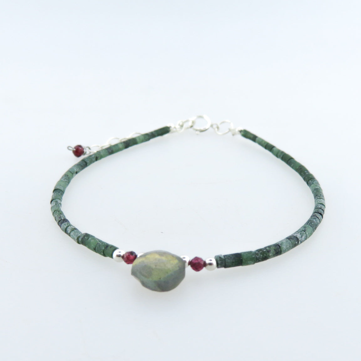 Jade Bracelet with Labradorite, Garnet and Silver Beads