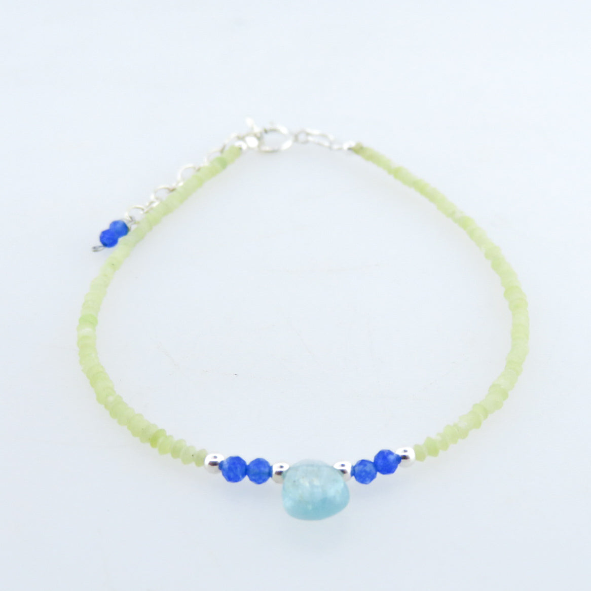 Jade Bracelet with Blue Topaz, Blue Agate and Silver Beads