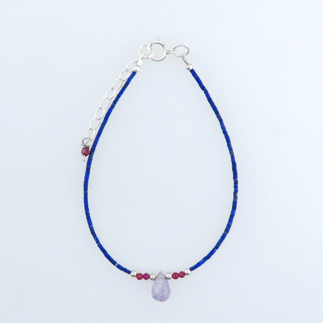 Lapis Lazuli Bracelet with Amethyst, Garnet and Silver Beads
