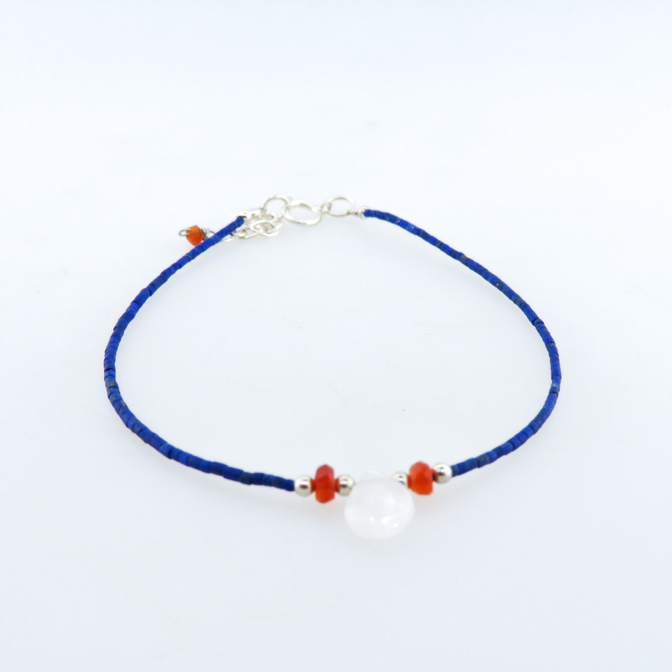 Lapis Lazuli Bracelet with Rainbow Moon Stone, Carnelian and Silver Beads