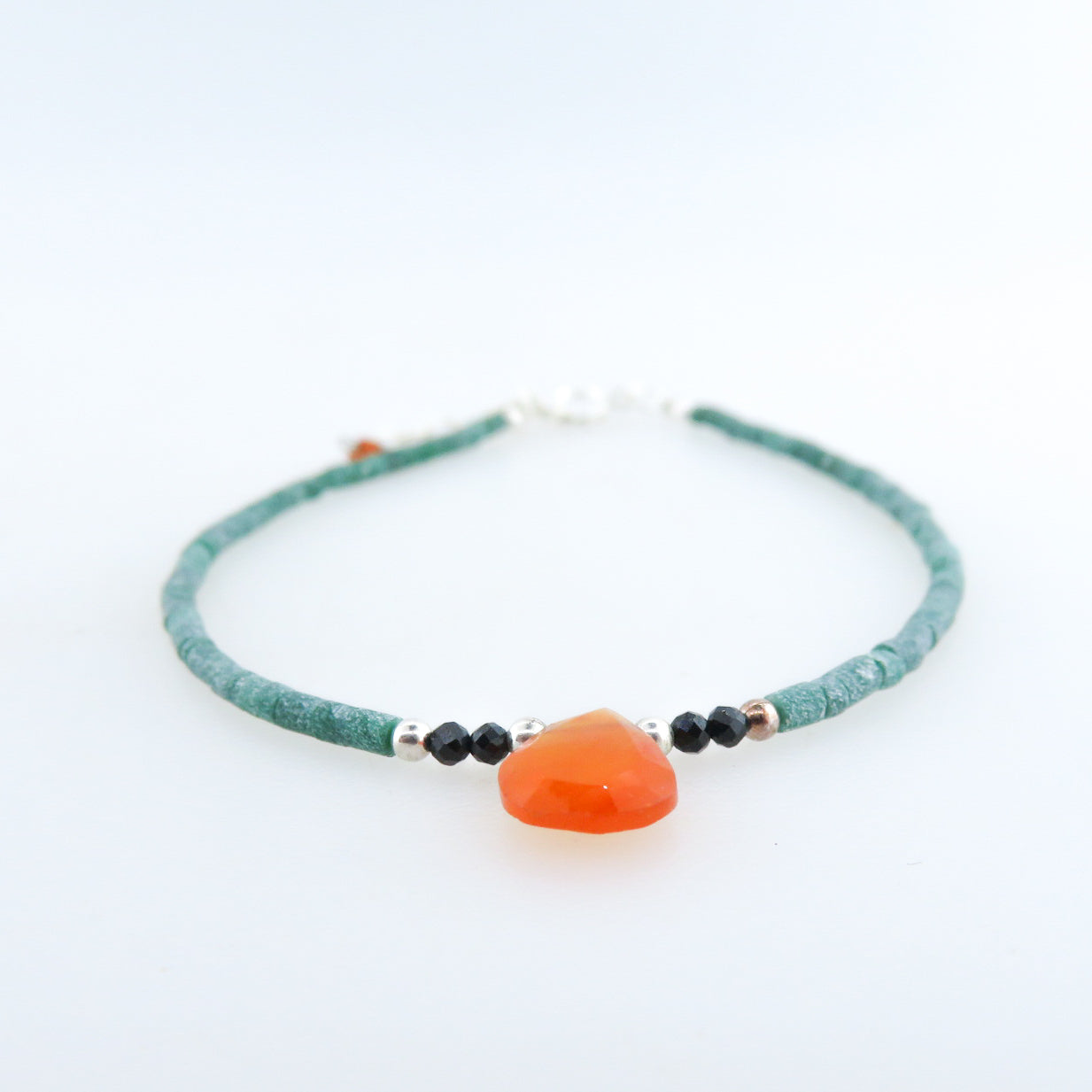 Emerald Bracelet with Carnelian, Black Onyx and Silver Beads