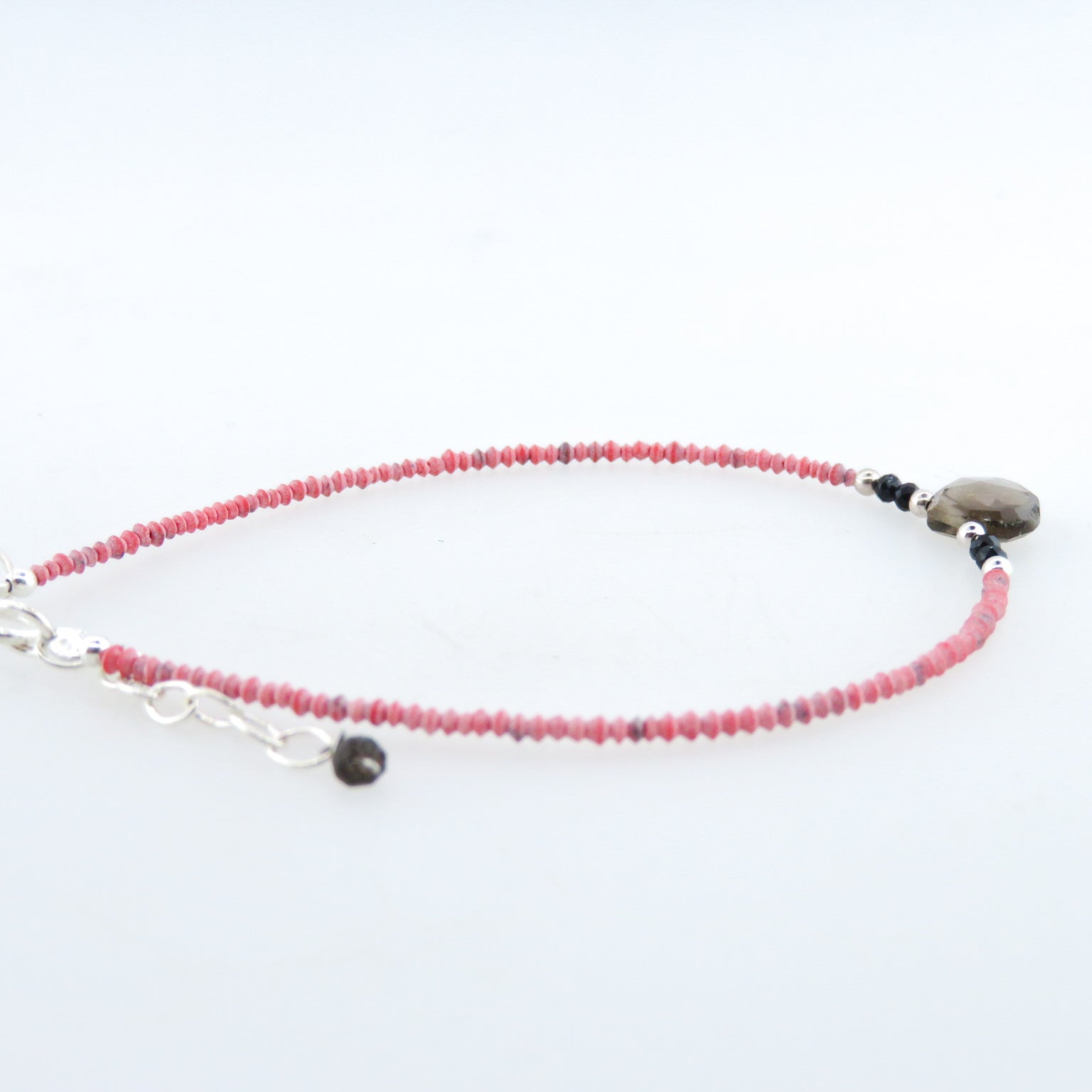 Coral Bracelet with Smokey Quartz, Black Onyx and Silver Beads