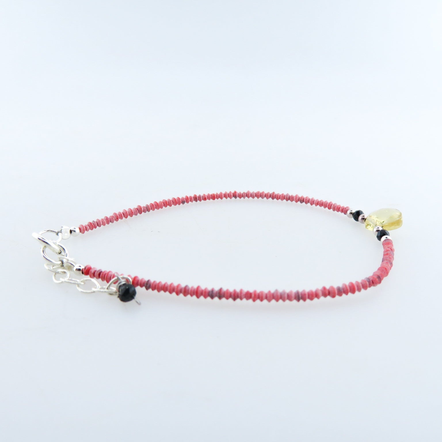 Coral Bracelet with Citrine, Black Onyx and Silver Beads