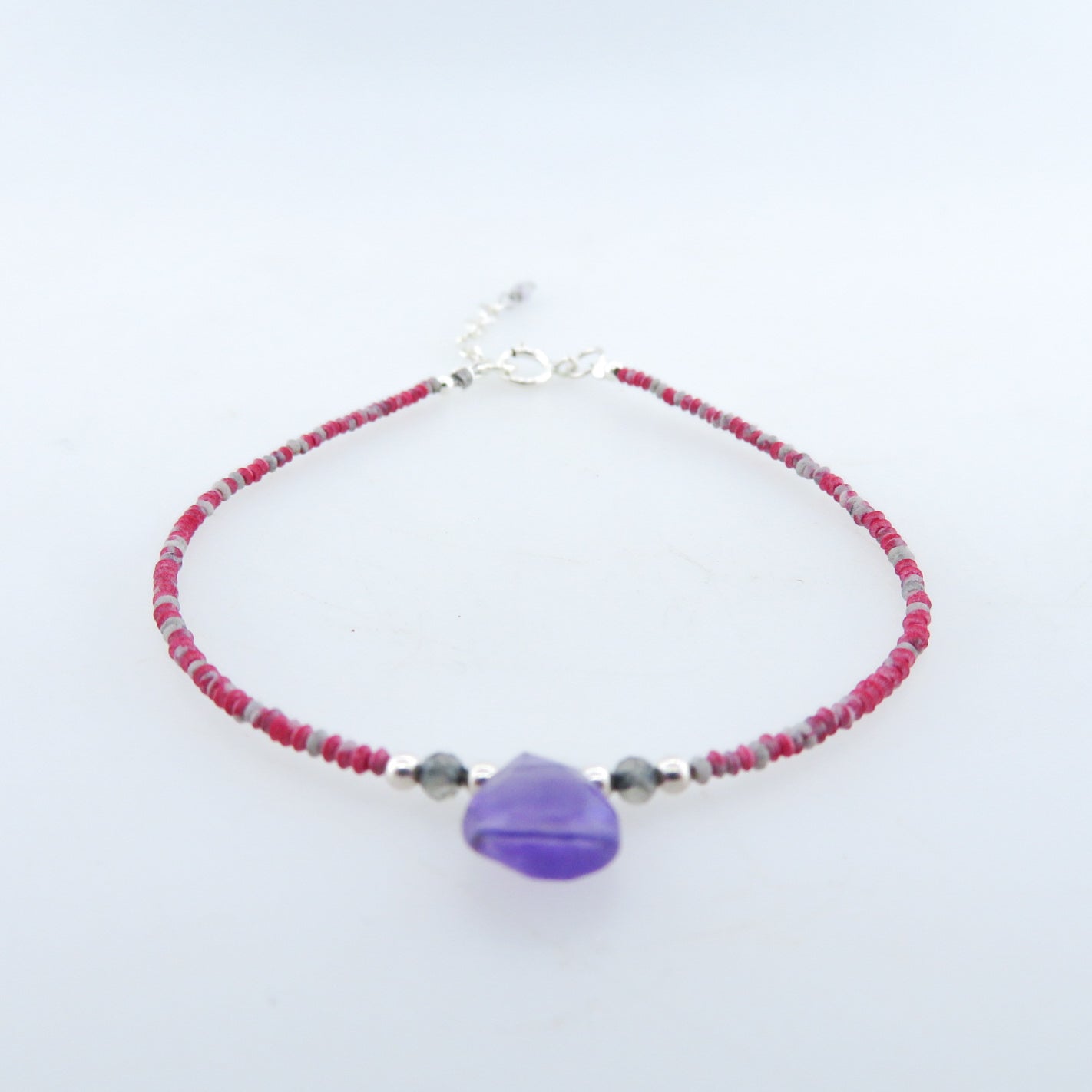 Coral Bracelet with Amethyst, Labradorite and Silver Beads